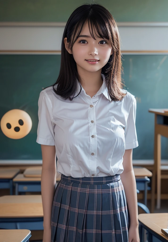 (8K,RAW Photos,highest quality,masterpiece:1.5),(Watching the audience:1.5),smile,Black Hair,(live-action:1.5),(Realistic expression:1.5),(middle School girls:1.5),(School uniform:1.5),(The background is an empty classroom:1.5),(Young face:1.4),(Medium breast:1.5)