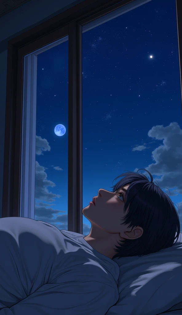 a young  anime guy with dark hair with a handsome face lies on the bed in his room outside the window at night he looks at the ceiling and thinks about something and looks at the camera on the ceiling 