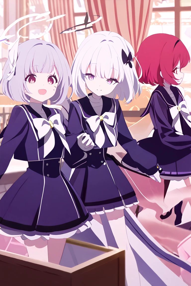 3 girls,one with short dark purple to pinkish red hair with vent bangs and bob, one with white hair bob hair,one pinkish red hair with vent bangs.thet all have purple and red eyes. They all wear a purple, black and red bow on the right side, back and left side of head. They all have cream skin, a slim body and a petite frame and they all wore dark greyish-purple sailor girl winter uniform with sleek sleeves and gold buttons