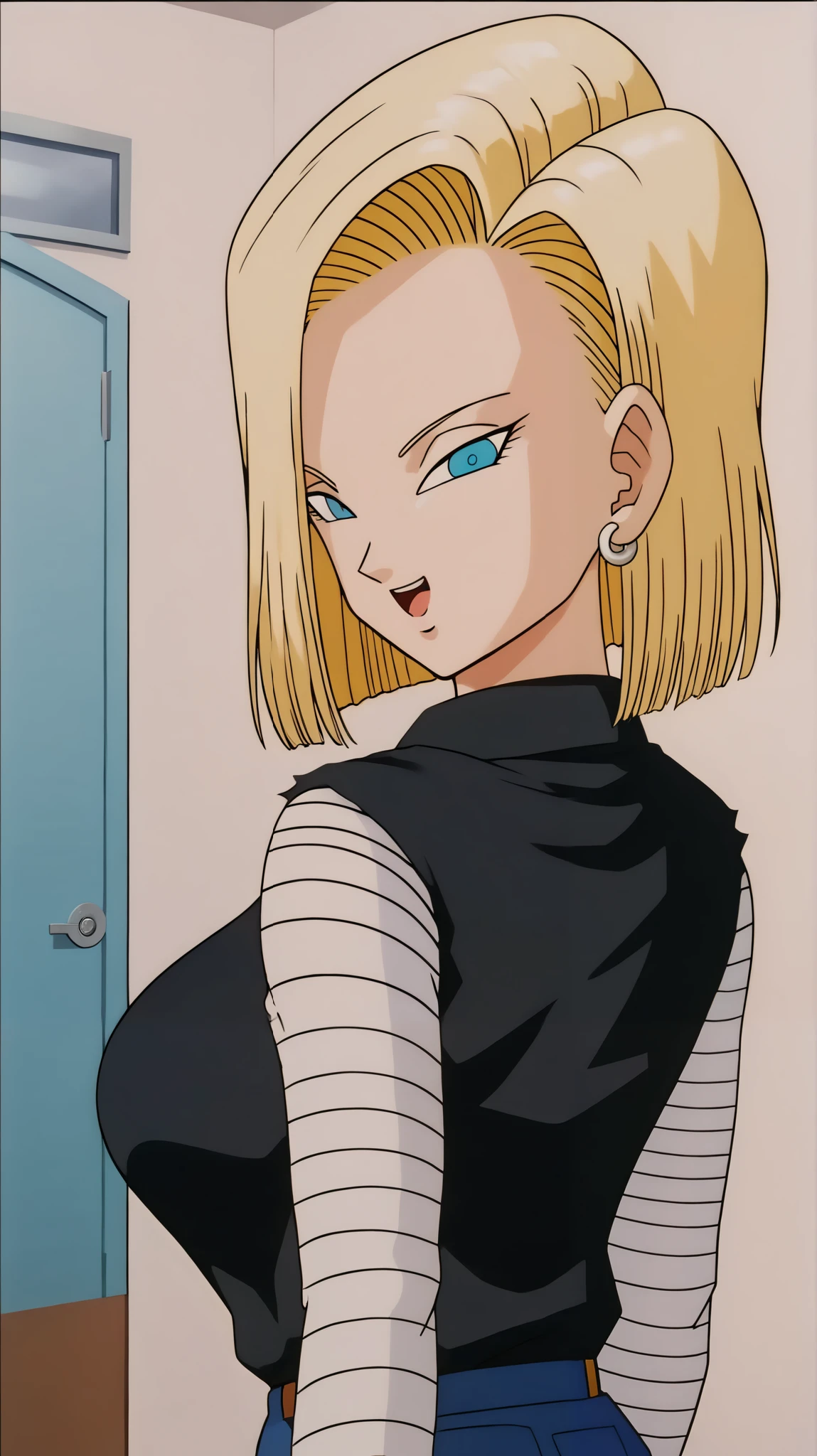 score_9, score_8_ up, score_7_ up, solo,
1 girl , android 18, Blonde, medium hair, Asymmetric hair , blue eyes, earrings for women with first name,
black Long sleeve shirt ,blue jeans striped sleeve ,standing,clear face,open mouth,upper body, huge breasts
White background,looking at viewer,megami magazine,POV, Entrance , Opening the door,clothed, (Hypnosis:1.2)