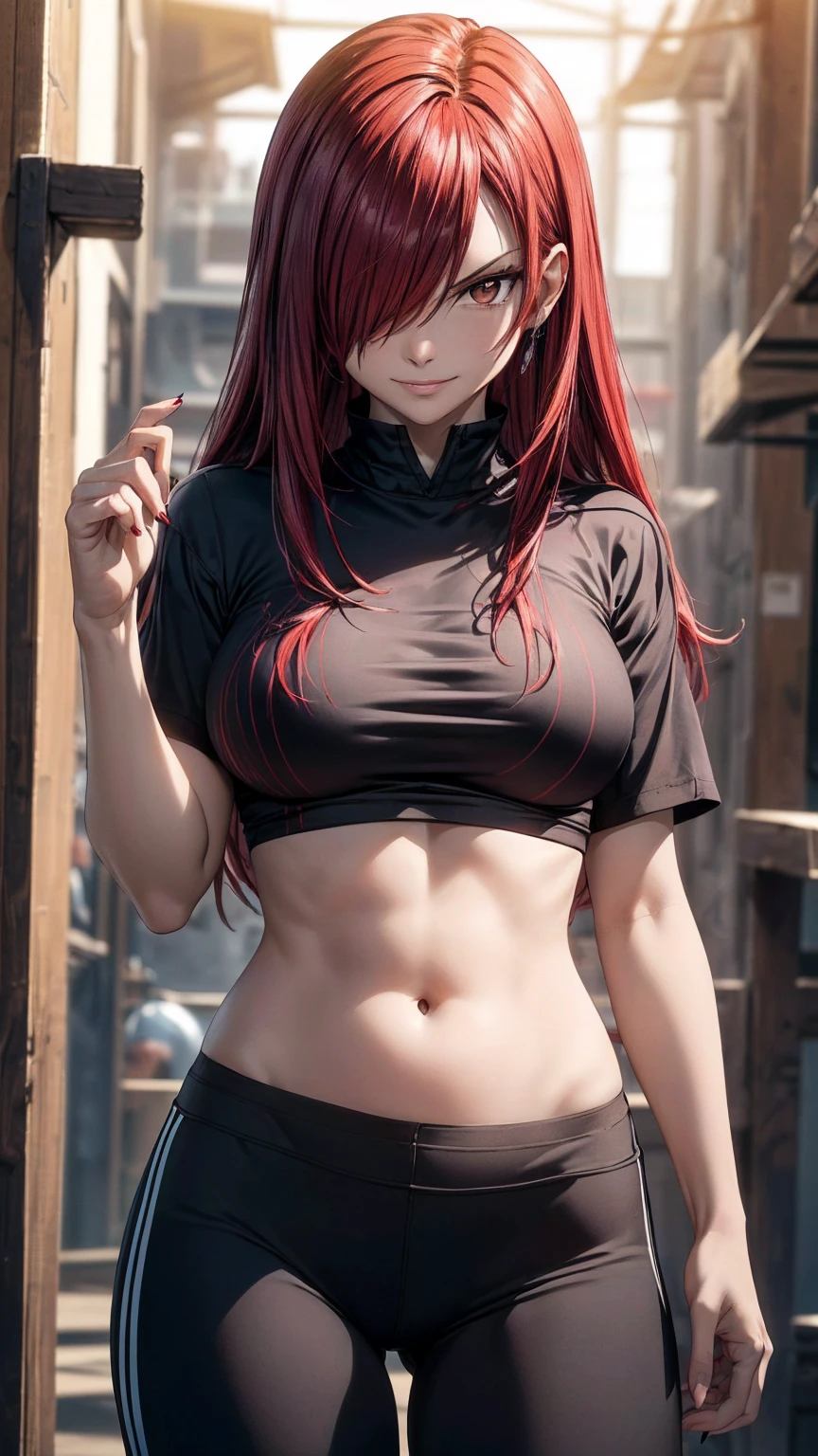 Erza Scarlet, (((red hair, long hair, hair over one eye, golden brown eyes))), (((beautiful golden brown eyes and details, beautiful eyelids))), ((((random shirt, athletic navel, model shirt)))), has model style, oppai, full cosplay, Ultra HD Quality, ((sharp face)), official art, beautiful, ((mature, 30 years old)), evil smile, ((big round breast)), navel, cleavage, perfect body, ((Ultra HD Quality Wallpaper, HD picture, 16k Quality Wallpaper)), 1 female, solo, female, ((1 woman, 1 female, ((solo)), one female, 1 woman)), detailed face, detailed art, (((model pose))), (((Studio background:1.5)), half body, (((Evil Smile))), (((masterpiece, best quality:1.2))), 1girl, solo, ultra high resolution, 8K, 16K, ultra high quality, RAW photo, ((extremly detailed)), high quality, charm, asian girl face, beautiful, the best lightin, the best proportion pose, soft light, natural light, detailed light, realistic light, Professional, Amazing, the best visual, enhance, ultra-high detail, 8K, 16K, ultra-high realistic, high resolution, the best resolution, high rendering realistic, detail hands, detail anatomy, detail face, detail body, (high detail), detail arms, (high detail fingers), the best proportions, detail nails, (detail intricated), ((potrait)), the best pictures, the best images, hdr, dslr, fix , fit, full color,