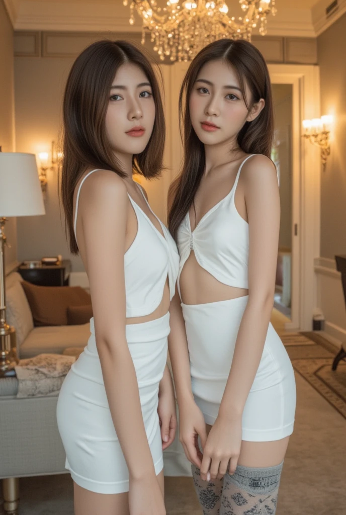 (masterpiece), highly realistic, smile, Two slender beautiful female students are sitting on a bed, white simple sexy dress is wet and transparent, Short hair and pale skin, (karate Training Room), (perfect anatomy), 8k Resolution, wonder full, elegant, hyperrealism, approaching perfection, dynamic, highly detailed, ultra high definition, HD resolution, high quality boost, contrast boost