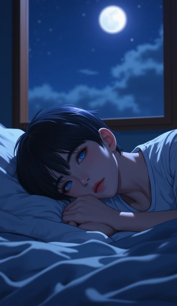 a young anime guy with dark hair with a beautiful face lies on the bed outside the window at night he looks at the ceiling the picture from above 