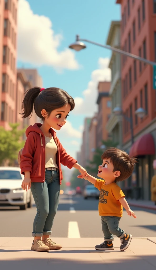 A young woman walking backwards with a boy in a city