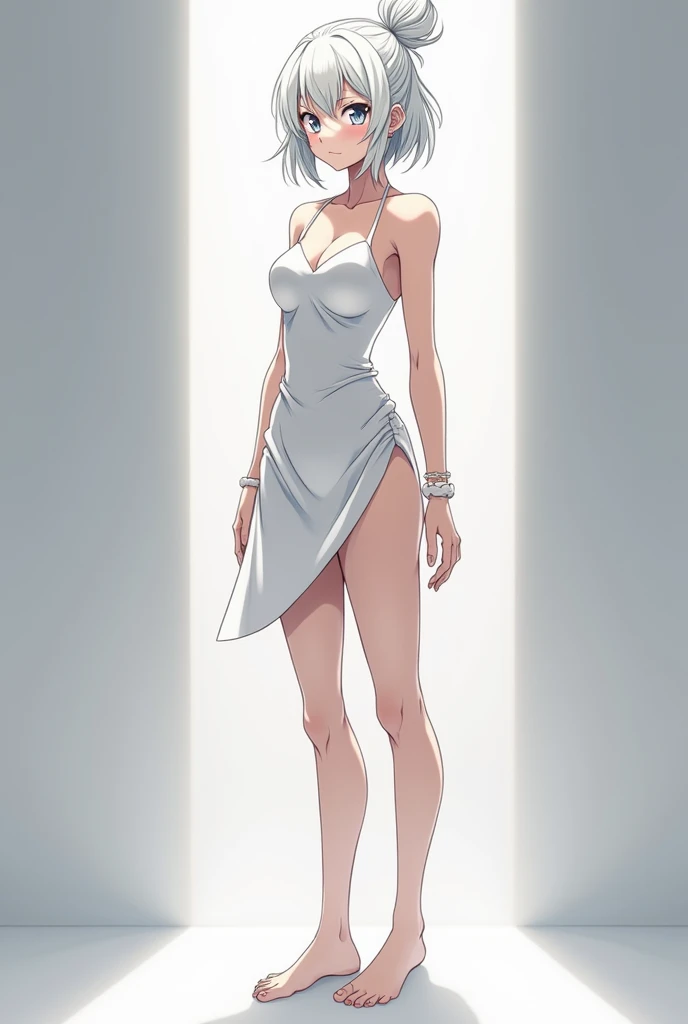 1woman,solo,silver hair, long hair, green eyes,White transparent long sheer silk wrap 
 dress,collarbone,crotch,barefoot,medium breasts,standing,full body,front view,black background,simple background,masterpiece, best quality, very aesthetic, absurdres