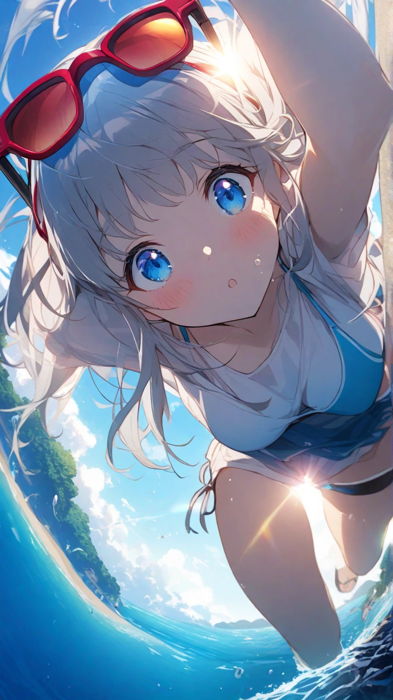Beach、Swimwear、colorful、pop、One Girl、sunlight、Palm tree、Dynamic Angleasterpiece,Highest quality))、Beautiful eyes、Glowing Skin、Sunburn、They seem to be having fun.、