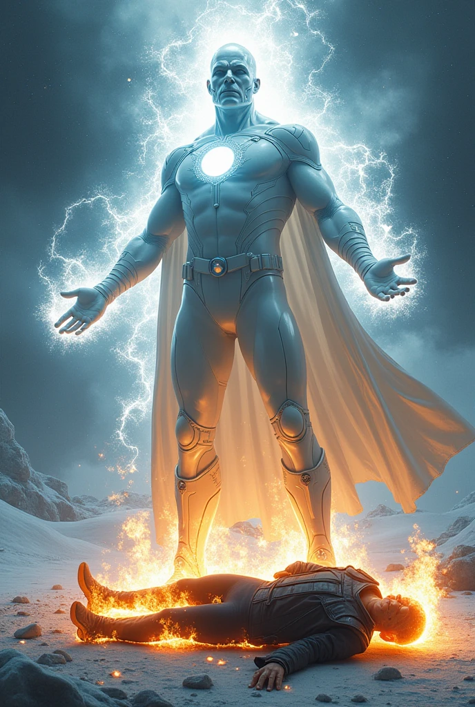 White superhero costume in fighting pose