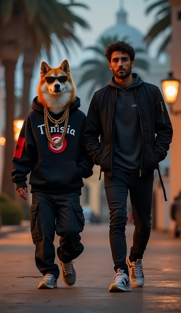 Man in wolf mask with Ray-Ban glasses, Adidas sweatshirt, jeans, tennis Nike, puma cap, hugging woman in gold lingerie, with huge breasts, huge buttocks, clear skin, Long hair, curly brown hair, green eyes, with fox tail, with fox ears, Rolex watch, with Adidas sneakers, Mercedes Benz cap, in Mexico City.