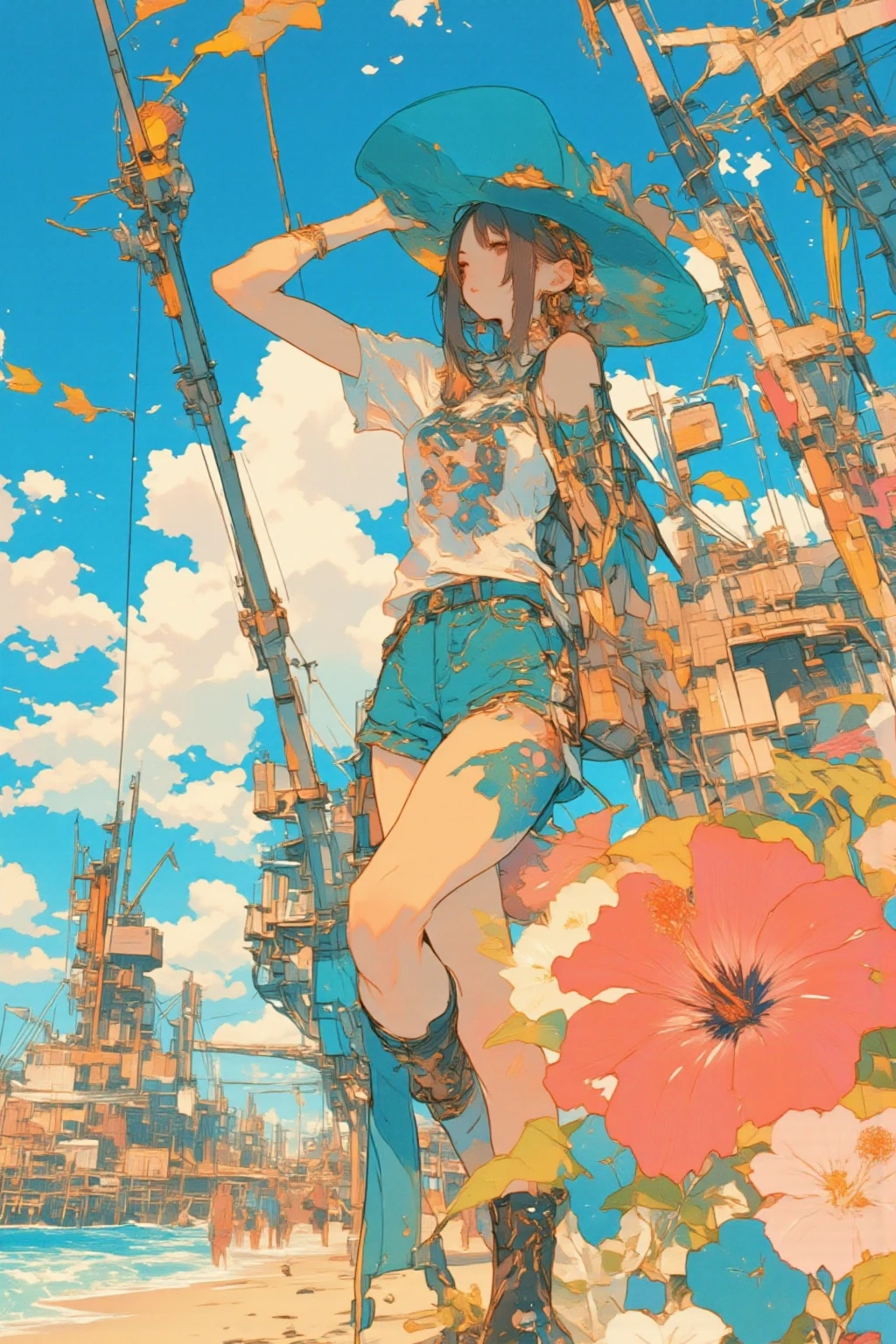 Girl on the Beach anime images ,  hibiscus,Retro anime ,Showa Retro,Harbor,animes, Orange Print , Very very high quality photo , Satoshi Kon style ,  Dana Scully animation cells,  Phil Note and James Jean , anime painting,  high definition exquisite fan art, High definition painting ,  Mary Jane Biggin Inspiration,  high-angle close-up , anime,