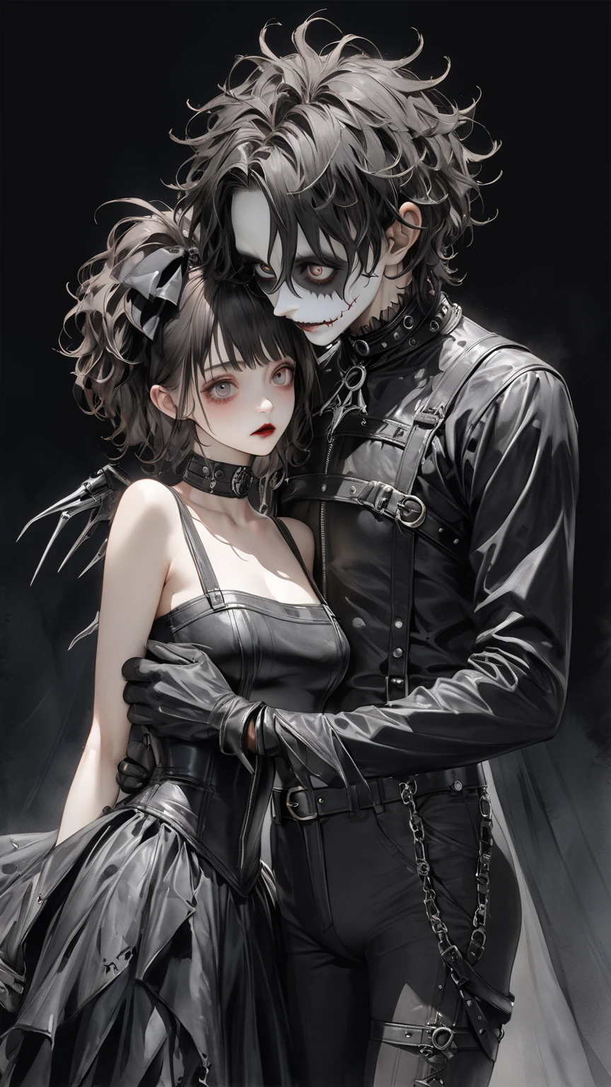 high res , masterpiece, Accurate,  top quality,  high res model,  high detail, Anatomically Accurate, Norman Rockwell & Tim Burton styl、Watercolor touch、 Edward Scissorhands、black leather costume、Skinny, fair-skinned man、alone,  dark background 、 fantasy、 Horror、 darkness、Gothic、men and women、2 people、