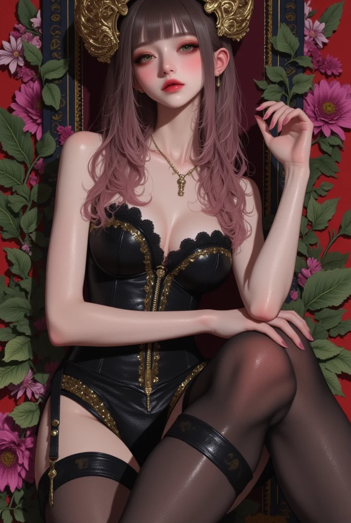 Inside the Baroque style library, Rose from blackpink, pink hair, woman sitting at the table writing a letter, in antique armchair, in front of her different shaped bottles with different colored liquids in it, candlesticks with candles, soft blurry front light, jewels, pendant made of glass, perfect face, rule of thirds, realistic eyes, extra long wavy brown hair, highly detailed hair, on one hand only four fingers + one thumb, proportionate physique, elegant antique environment, in the background columns and statues made of glass, in18th century Baroque style darkened room, antique furnitures, draperies, bokeh, glow, reflections, soft light rays, neutral colors, insanely intricate details, amazing fine detail, photorealistic, hyperrealistic, lifelike texture, dynamic composition, contrast lighting, cinematic lighting, filmstill, sharp focus, wide angle, ((great depth of field)), raw photo, photon metering, dslr, 8k, ultra high res, hyper detailed, Award - winning photograph, Masterpiece, photography with Hasselblad, f5.6 lens 500mm, Kodak Portra 400 4x5, beautiful princess，perfect face, beautiful face, perfect female body, extra long wavy pink hair, highly detailed hair，green eyeature female，crown，sexy red lace gossamer cloak，sexy red lace gossamer coat，sexy red lace gossamer shawl，sexy red gossamer skirt，sexy red lace underwear，sexy red lace thong，red lace gloves，sexy stockings，necklace，earrings，jewels，jewelry，head ornaments，hands ornaments，legs ornaments，high heels，huge breasts，large breasts，big boob，Burst breasts，Big breasts，Plump breasts，Expose breasts，uncovered breasts，Narrow waist，Bare ass，big ass，bare belly，bare navel，wet，wet body，sweating body，shiny skin