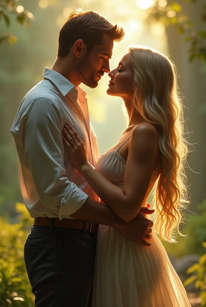 Two lovers looking at each other , A man and a woman in a shirt a blonde woman with a full body from head to toe show her full body