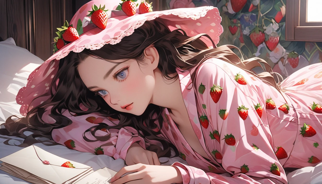Girl with semi-long wavy brown hair, lying on her back hugging a pillow, in tender white pajamas and patterned strawberries, tender girl's scenery, emerald eyes,