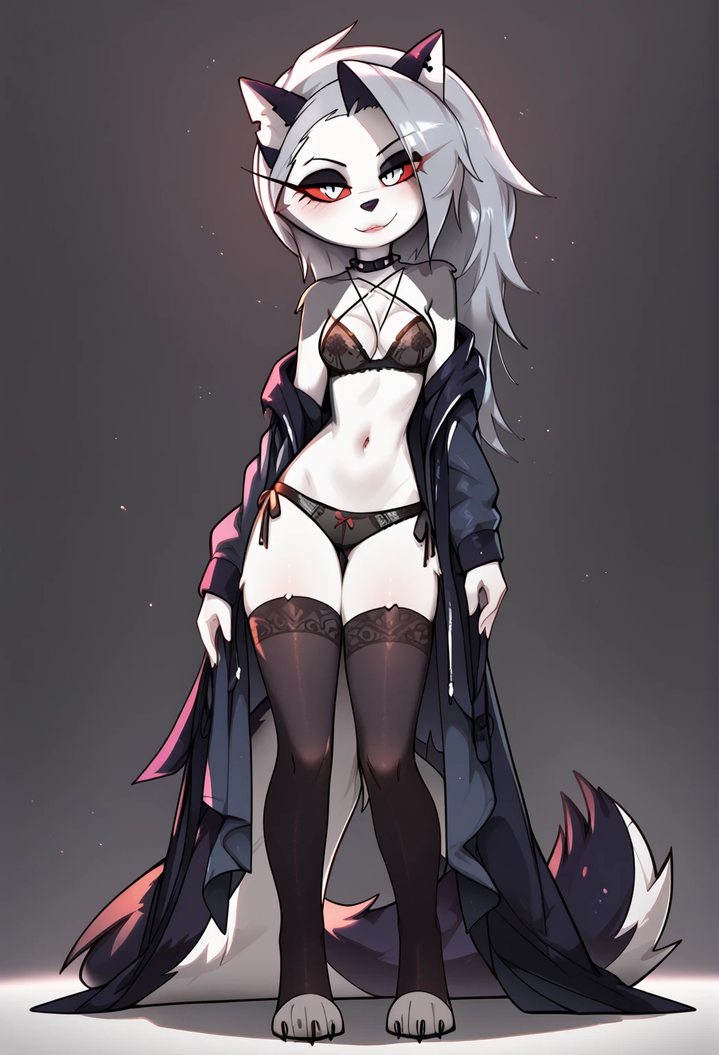 score_9,score_8_up,score_7_up, source_cartoon, an Anthro furry wolf girl, black furry body, black ear tips, short white hair with blue tips on hair, blue highlights in hair, pink eyes, wearing black underwear, black collar, black furry body, (long hair), feminine, white thigh highs, (curved horns), black fur, simple background, dark grey furry body, nice hands, good anatomy, ((two-tone-body)), 2 fluffy tails, one foot up and in view, exposed toes, 4 toes, mouth open, laughing,