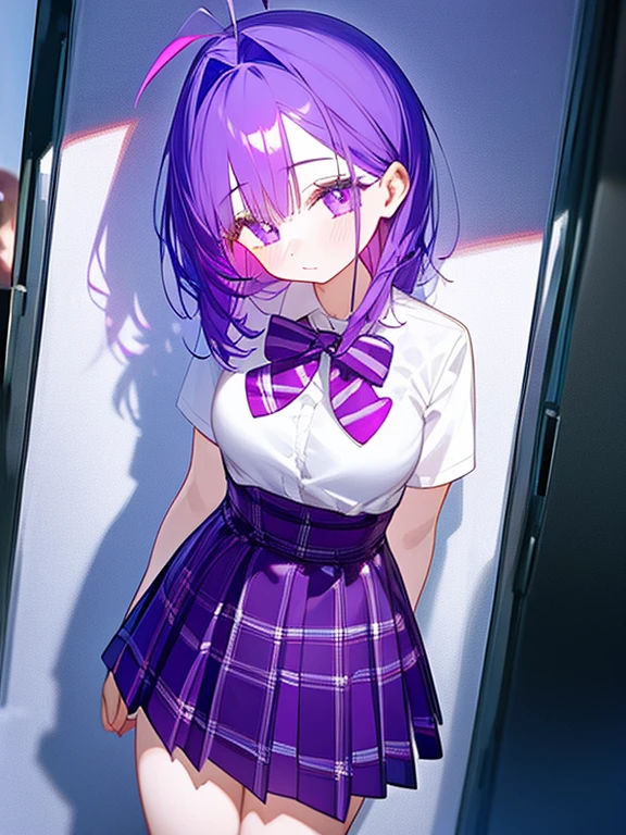 (masterpiece, best quality:1.2), cowboy shot, solo, looking at viewers, 1girl, reze, purple hair, hair between eyes, green eyes, shirt, ((white shirt)), tie, black tie, chocker, black shorts, black knee-high