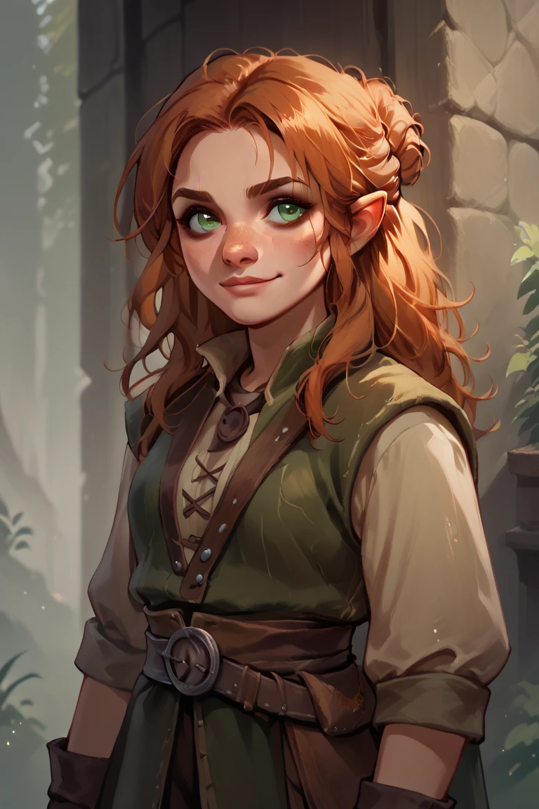 A halfling rogue girl with medium to long hair who uses two daggers, has a sarcastic smile on his face
