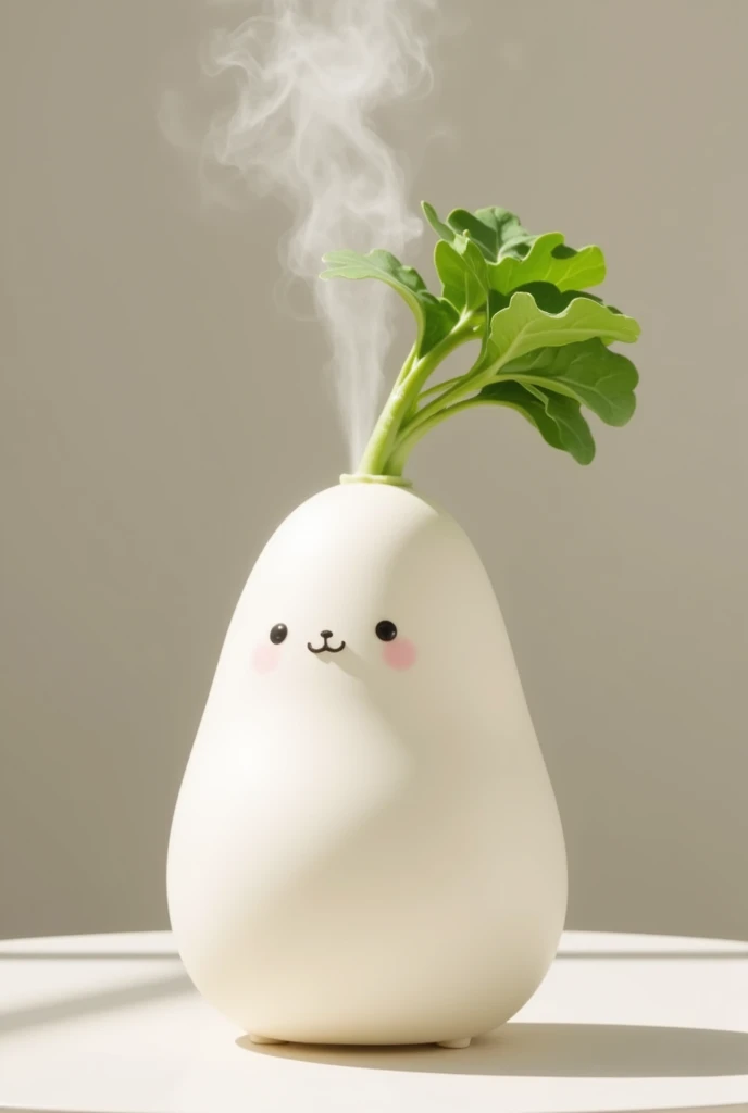 ((humidifier, Home appliances for white daikon , translucent:1.3,  Foggy Mist with Water :1.3,  cute face, Shaped like a drop of water , Water vapor is coming out of the leaf,  reality:1.5, photograph:1.5)),  on the table , living, live-action:1.5