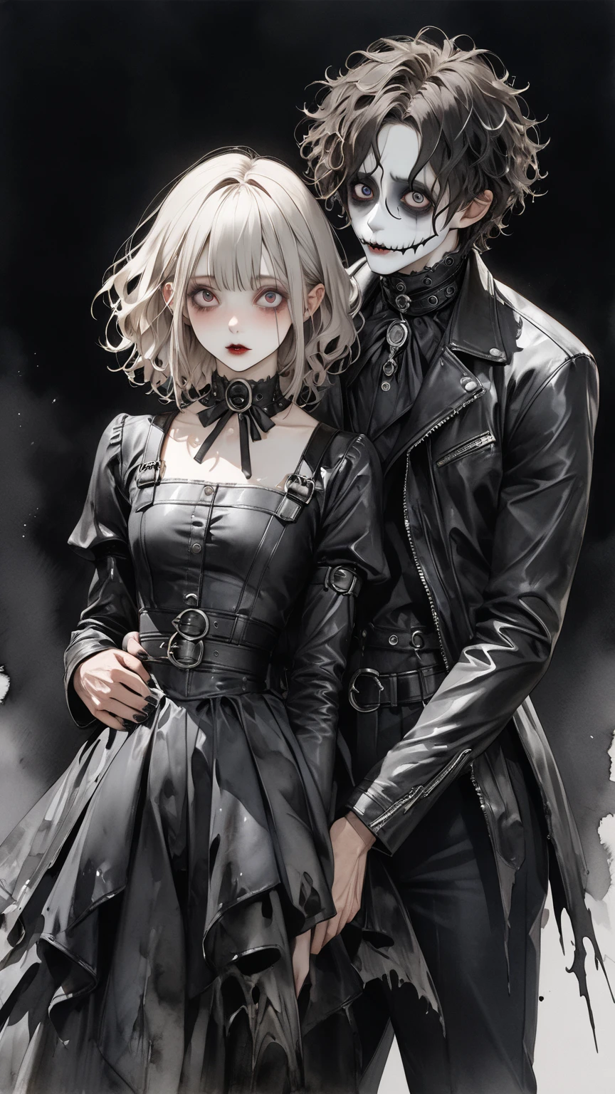 high res , masterpiece, Accurate,  top quality,  high res model,  high detail, Anatomically Accurate, Norman Rockwell & Tim Burton styl、Watercolor touch、 Edward Scissorhands、black leather costume、Skinny, fair-skinned man、alone,  dark background 、 fantasy、 Horror、 darkness、Gothic、men and women、2 people、