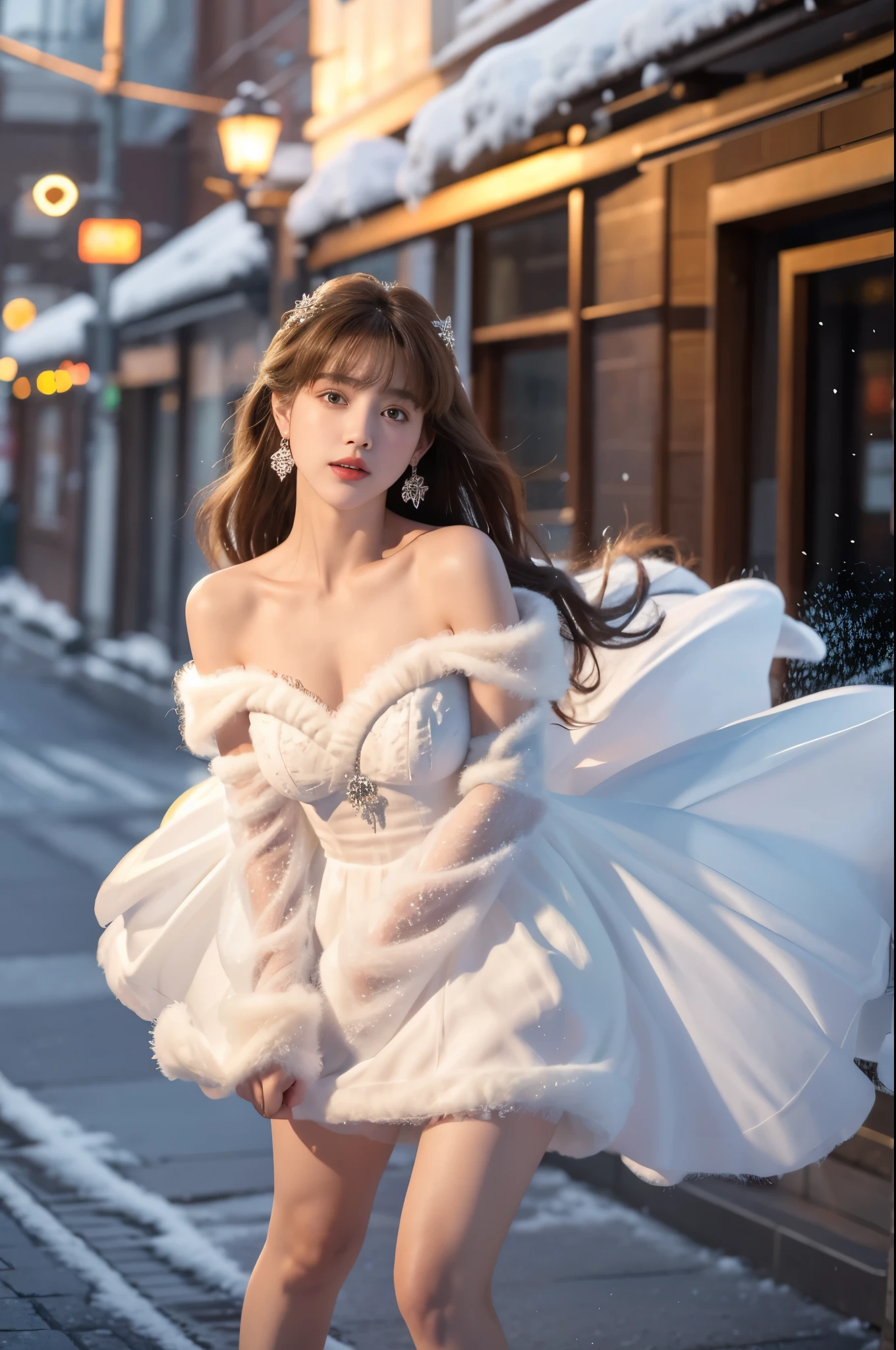 masterpiece、quality、Super detailed、Marilyn Tagg ， Focus on the thighs and above，clear face，（Best quality at best）， beautiful girl：1.5、(Red fluffy off-shoulder dress style)，long hair fluttering，Snowflake earrings、snowflakes falling、Vague、snow world
