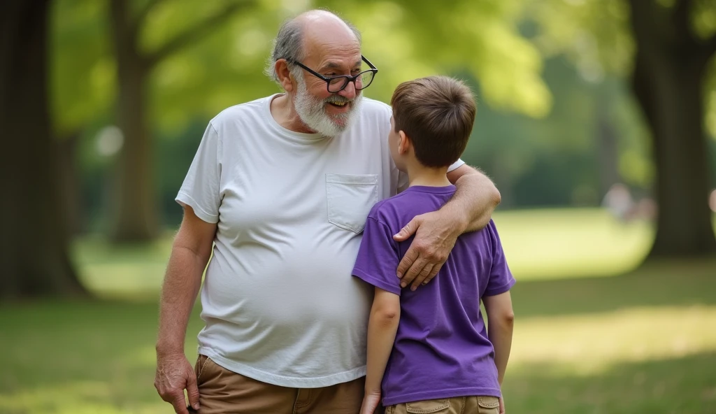 Grandfather stands next to a beautiful young sexy girl, he hugs her, They're happy