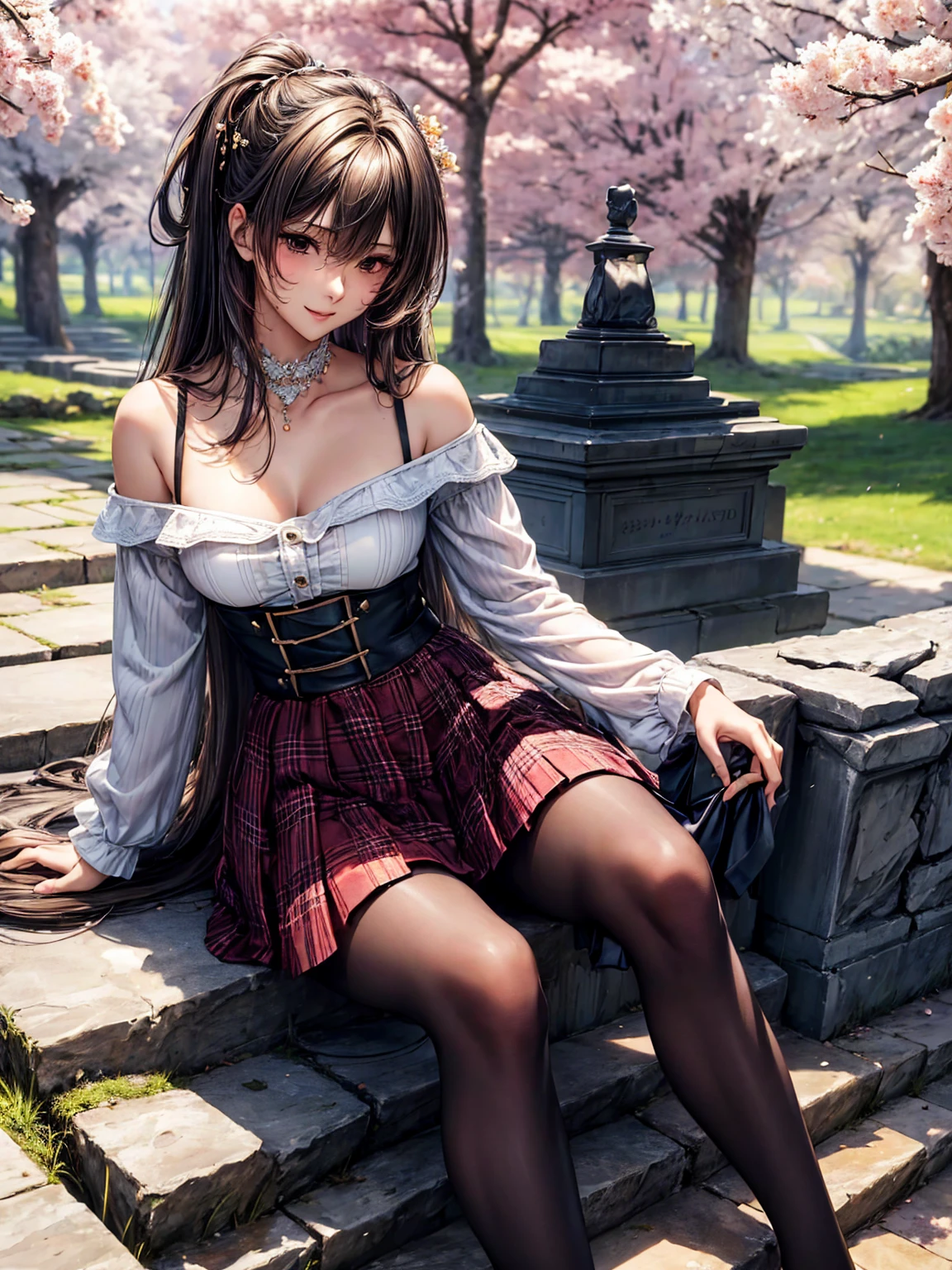 ((best quality)) ((best quality)), ((masterpiece)), (detailed), 4k image, anime style, beautiful woman, brown skin, symmetrical face, cherry pink plump lips, blood red eyes, African looks, fit athletic body, supple thighs, small breasts, toned body, slim waist, short height, sleek vermillion red hair tied in a messy bun, wide hips, phoenix eyes, small nose, heart-shaped butt, light blue frilly blouse, silky black pleated knee-length skirt, one girl only, full body image, one girl only, brown skin, front view, Gothic Medieval background and themed clothes , posing in a Gothic European Medieval village background, innocent and gentle expression, innocence reflected in the clothing, sitting down and leaning near the bridge of the river, wearing boots
