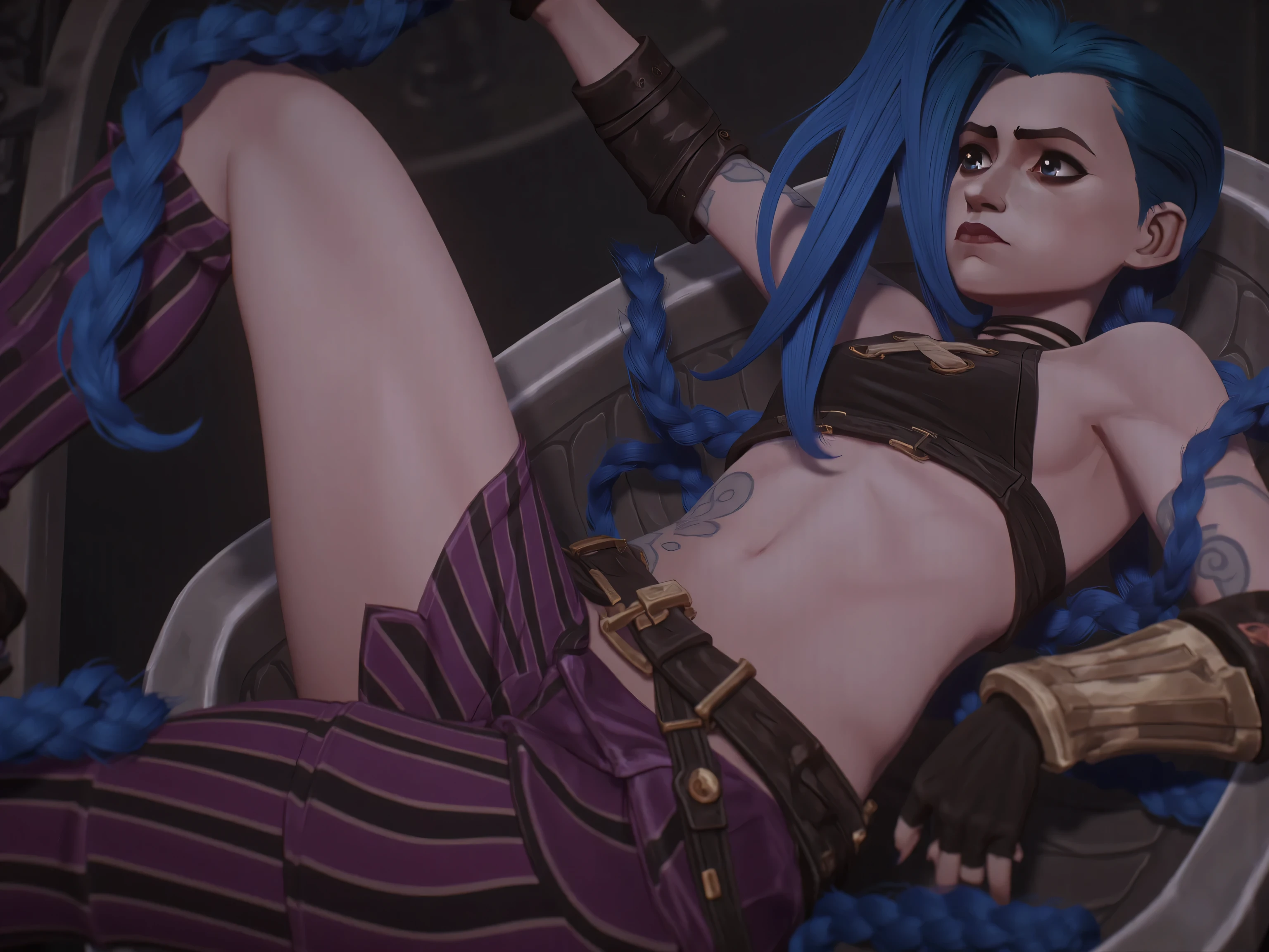 jinx style arcane ,pose sexy nu ,sans pantalon ,écart les jambes,