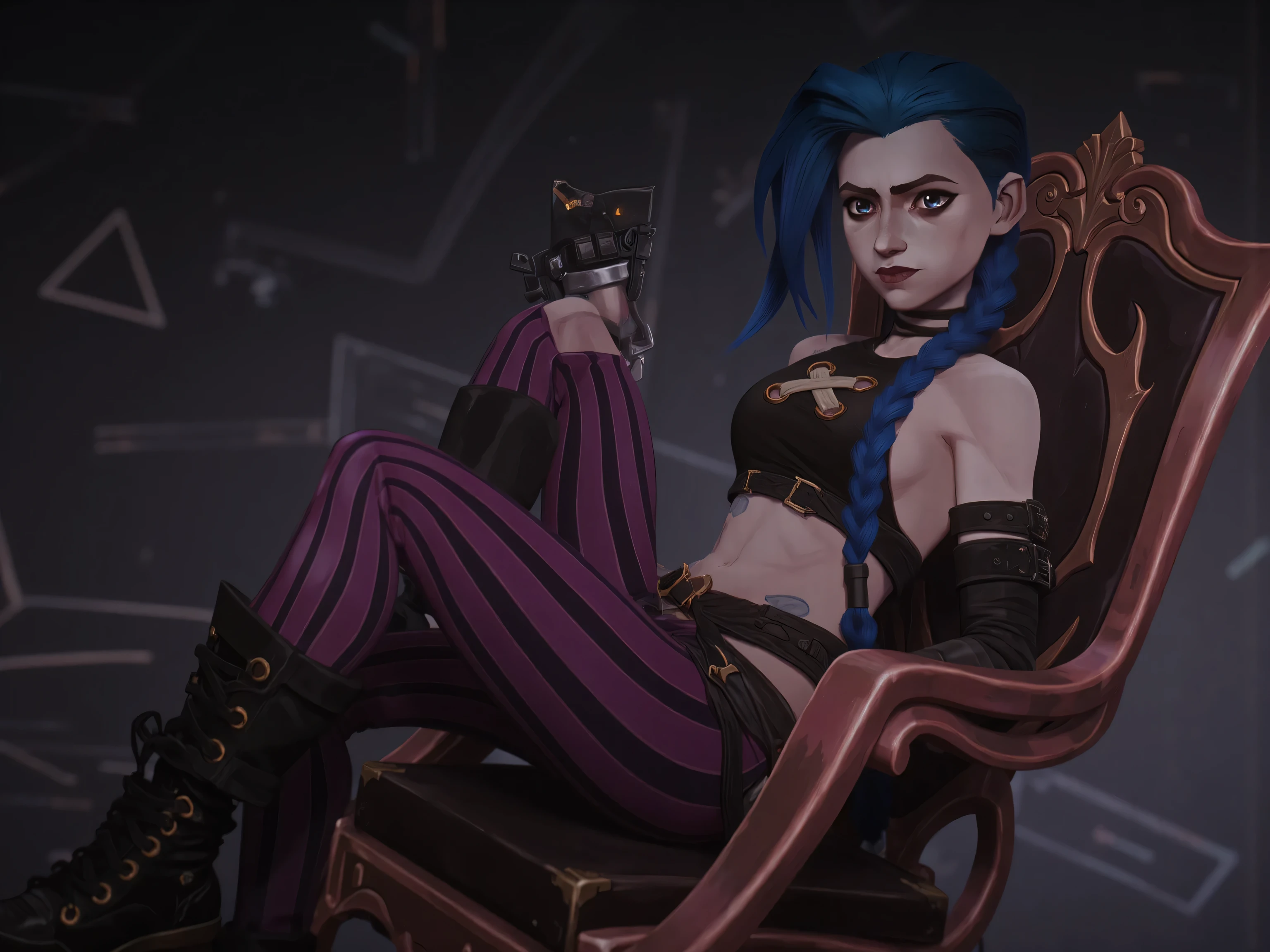 jinx style arcane ,pose sexy nu ,sans pantalon ,écart les jambes,