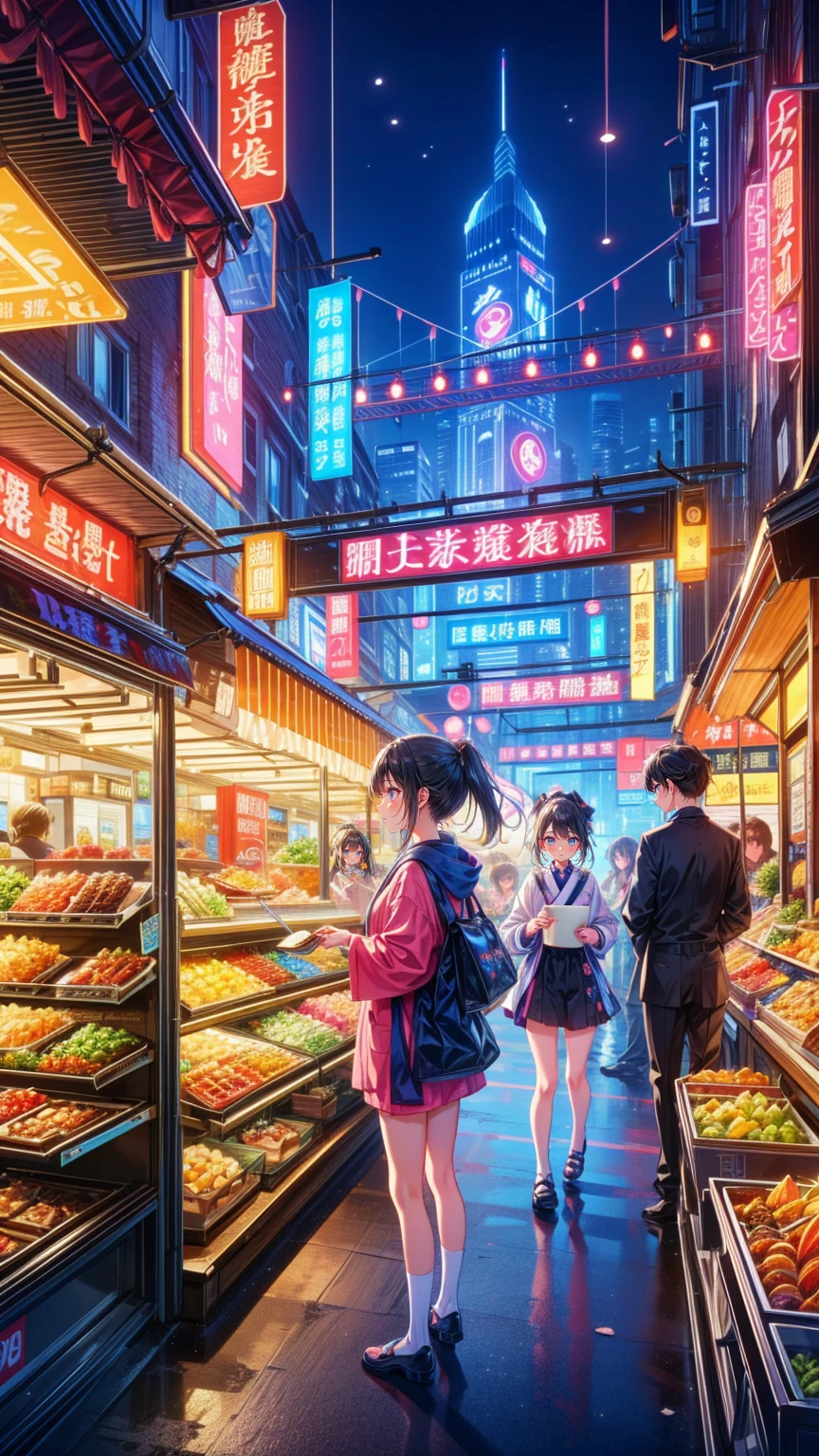  anime style、In 8K、32K、​masterpiece、、 super A high resolution、masterpiece,  top quality, sit on chairs to eat、Everyone eats at the food stall 、とてもたくさんpeople々、Japanese stalls 、Street food stalls/Street Food Stalls /Street food scene 、飲み歩くpeople々、屋台で食べるpeople々、 looking happy 、 enjoying alcohol、Very beautiful girl、Focusing on beautiful girls、、夜にフードマーケットで食事をするテーブルに座っているpeople々, with street Stoles, Stoles, Stole,  Shutterstock  ,  busy restaurants , Japanese Market, people々々 is eating, Lively市場,  are the best on Adobe Stock  , 外で is eatingpeople々々,  shopping mall food courts , people々々Lively , Lively sound of the market , Vivid atmosphere
