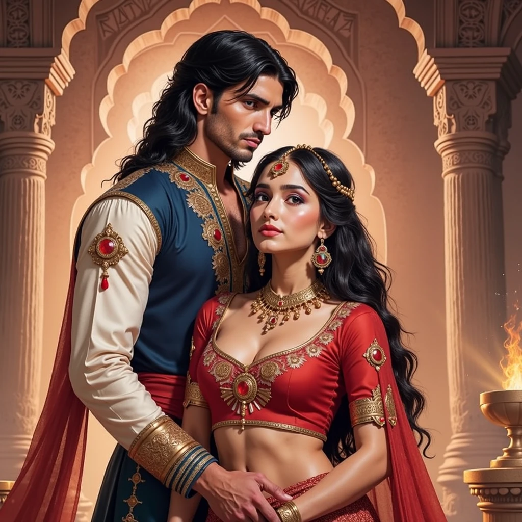 Indian princess and Prince wear jewellers. Prince touching Indian princess and posing in front of camera realistic body