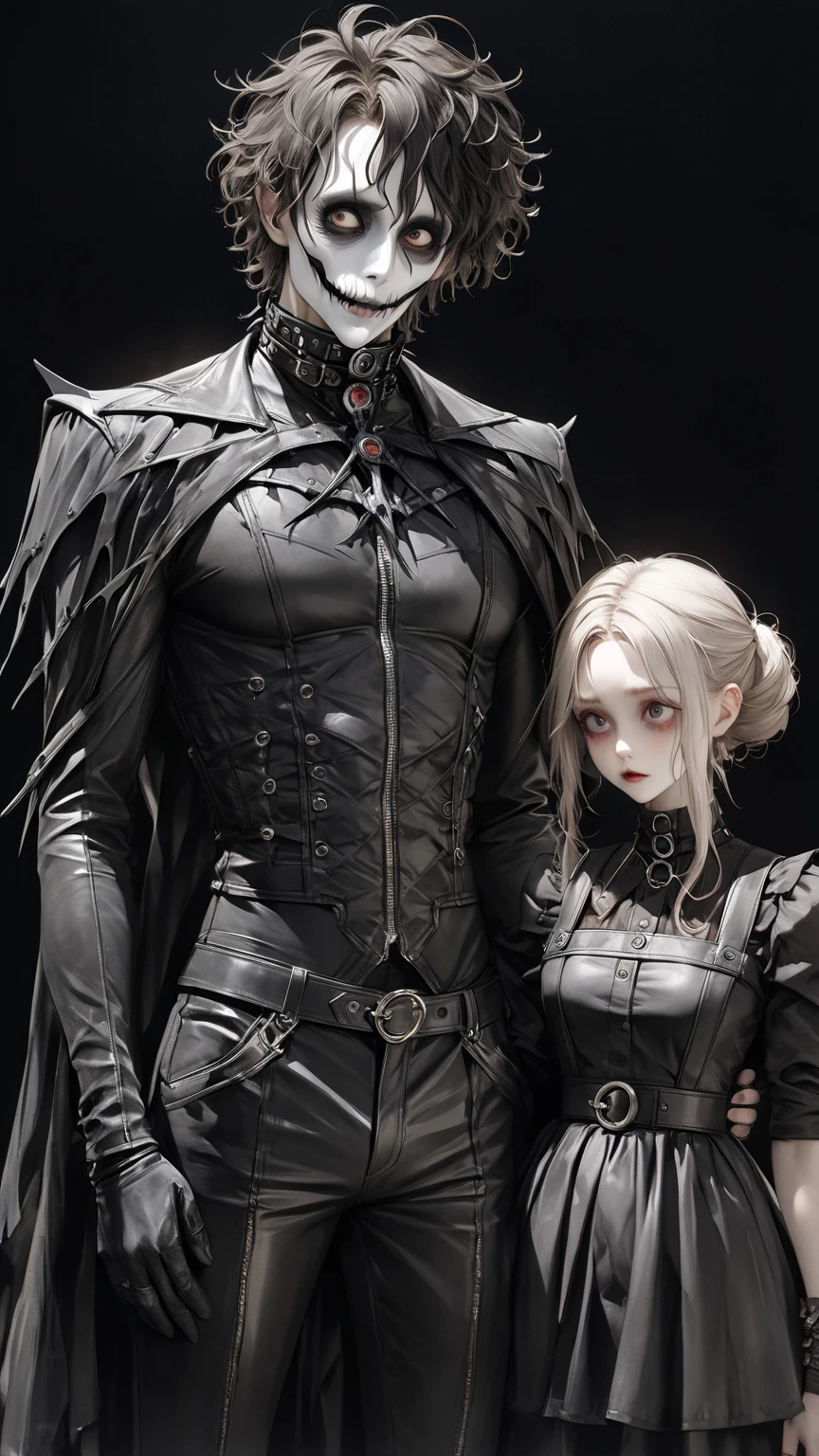 high res , masterpiece, Accurate,  top quality,  high res model,  high detail, Anatomically Accurate, Norman Rockwell & Tim Burton styl、Watercolor touch、 Edward Scissorhands、black leather costume、Skinny, fair-skinned man、alone,  dark background 、 fantasy、 Horror、 darkness、Gothic、men and women、2 people、