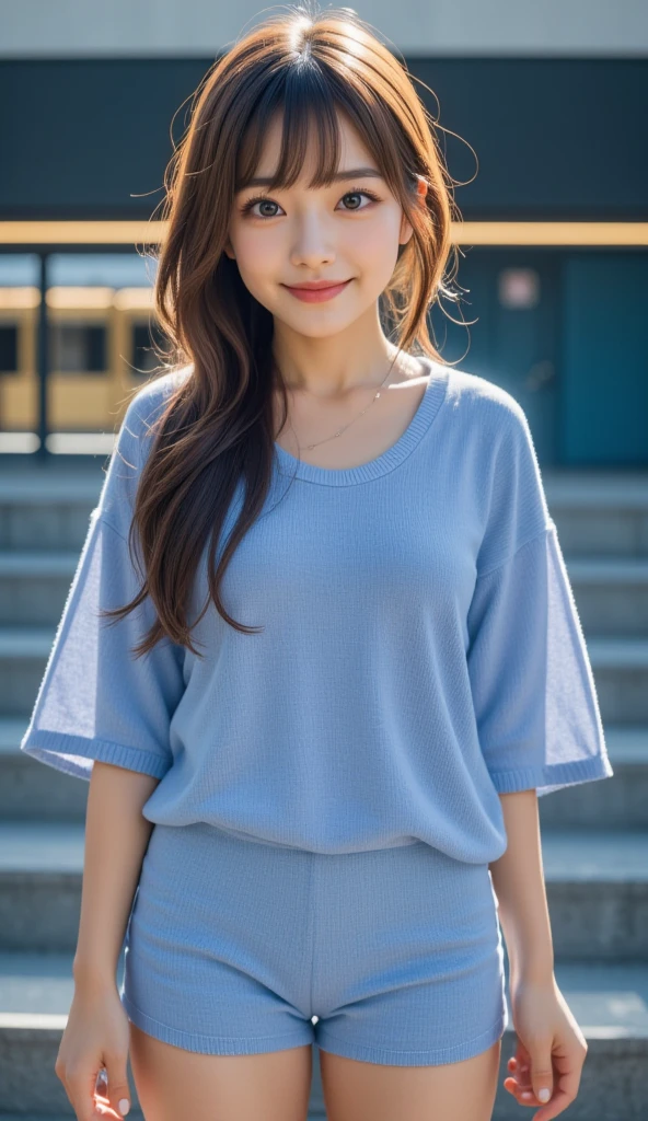 ( Very Pretty Cute Girl ), Standing front、Symmetrical、 long hair、smile、( very cute face:1.2),12, ( Sparkling Crystal Clear Attractive Big Eyes ),  beautiful eyes in every detail  ,  double eyelids with attention to detail, (smile), ( Realistic Pictures:1.2),blue short sleeve knit、 miniskirt 、 costume, Costume lighting, monotone background