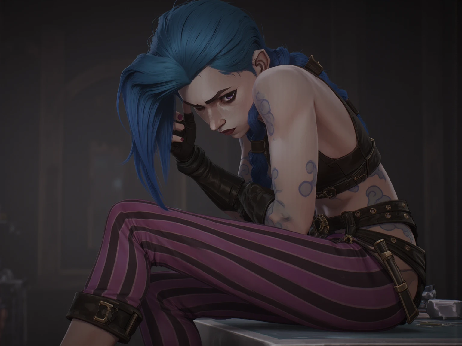 jinx style arcane ,pose sexy nu ,sans pantalon ,écart les jambes,