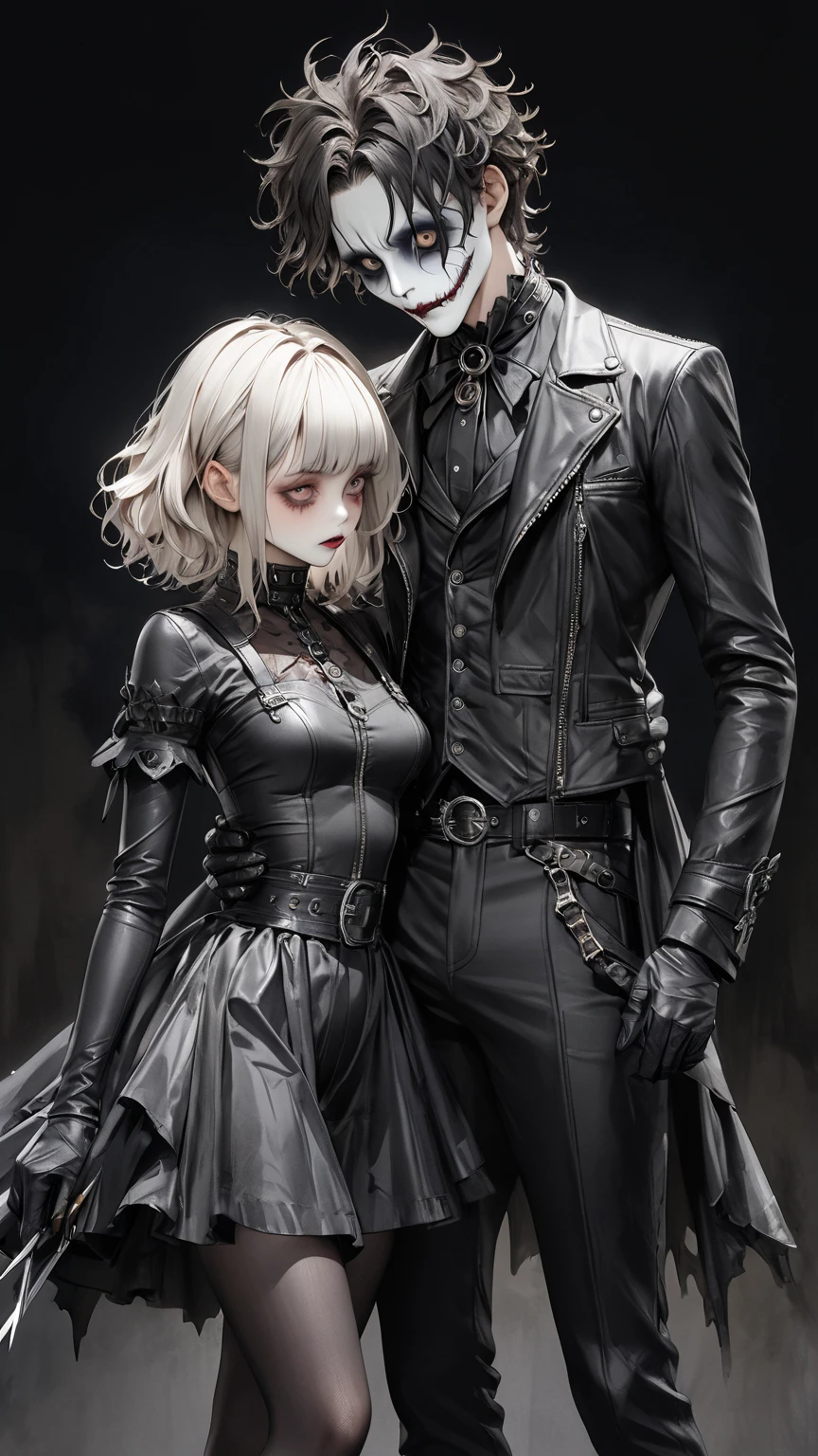 high res , masterpiece, Accurate,  top quality,  high res model,  high detail, Anatomically Accurate, Norman Rockwell & Tim Burton styl、Watercolor touch、 Edward Scissorhands、black leather costume、Skinny, fair-skinned man、alone,  dark background 、 fantasy、 Horror、 darkness、Gothic、men and women、2 people、