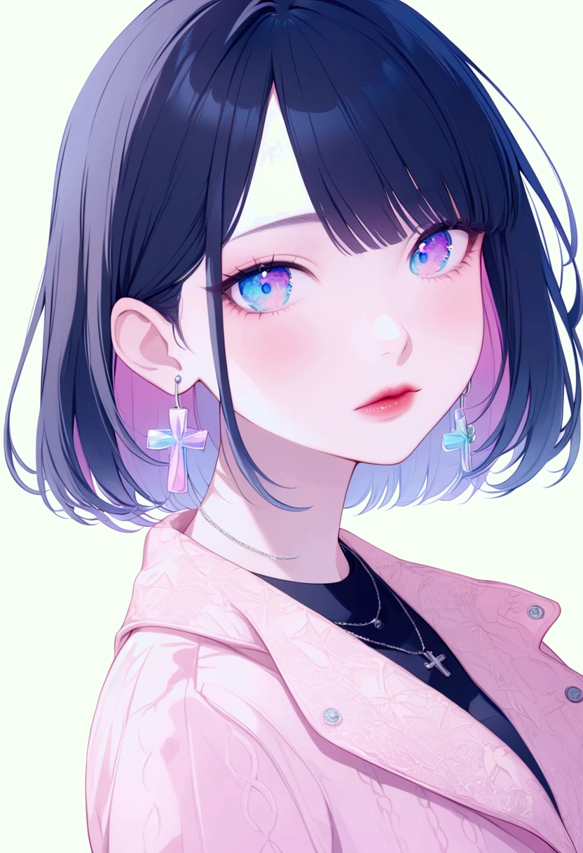 rainbow, One Girl, alone,So cute, Short Hair, Show Viewer, Blue Eyes Background, White Background, jewelry, Mouth closed, Jacket, Upper Body, Black Hair, Earrings, Blue Eyes, necklace, From the side, sweater, lips, eyelash, Compensate, Straight Hair, Earrings, cross, lipstick, 耳のEarrings, eye shadow, hoop Earrings, ピンクのlips, Variegated eyes, Pink Theme, , ピンクのeye shadow, cute , no hand