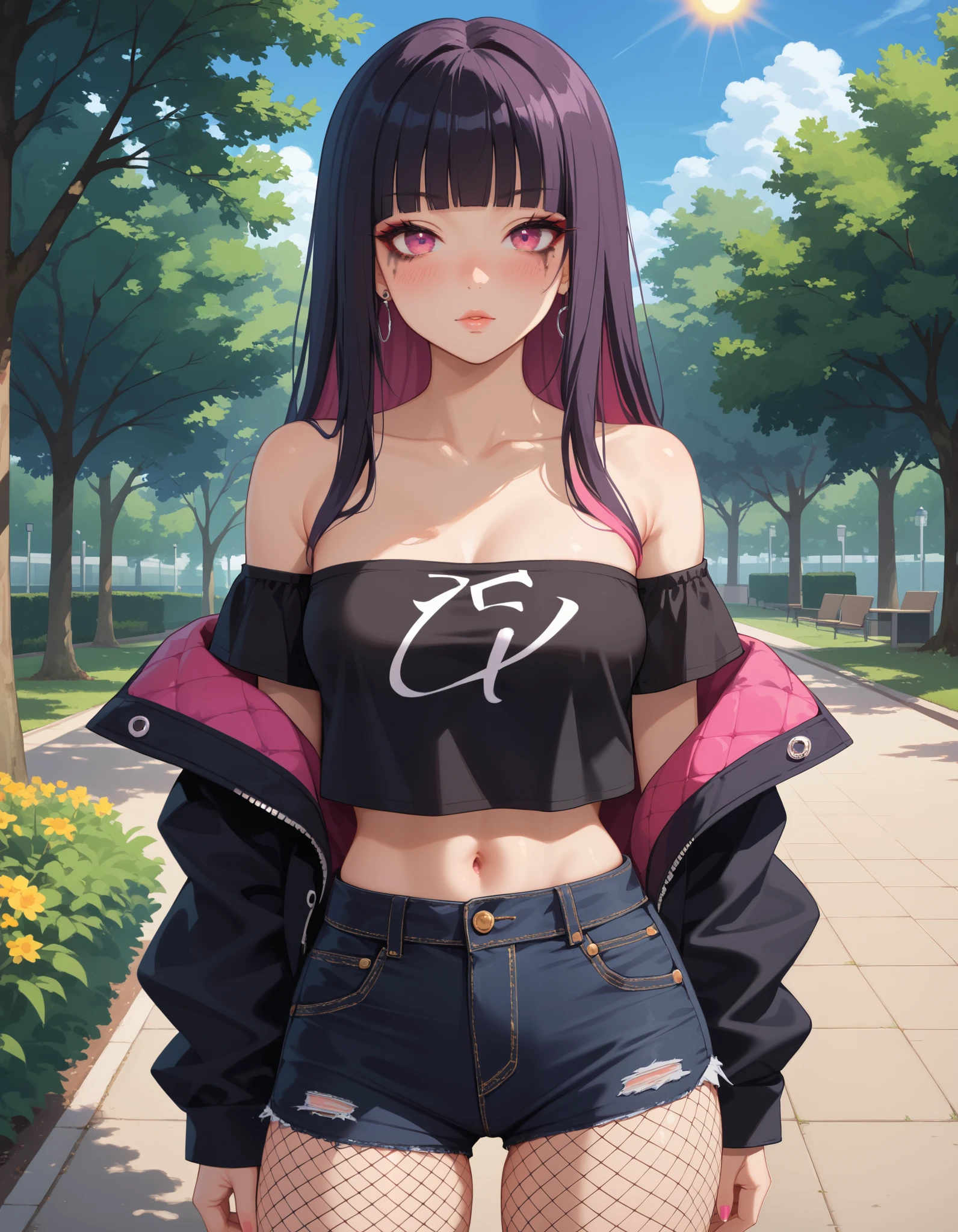 score_9, score_8_up, score_7_up, vivid colors, (Japanese Gal, Punk Girl), punk makeup, (1girl, solo), upper body, (long hair, hime cut), stunning pink eyes, sexy lips, pale skin, (off shoulder black top, strapless, medium breasts), bare abdomen, black denim shorts, black fishnet tights (sultry look, blush), looking at viewer, (standing in park, trees, sun light)