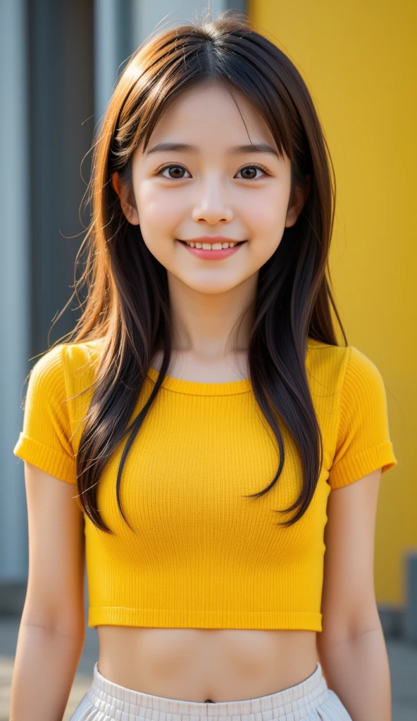 ( Very Pretty Cute Girl ), Standing front、Symmetrical、 long hair、smile、( very cute face:1.2),12, ( Sparkling Crystal Clear Attractive Big Eyes ),  beautiful eyes in every detail  ,  double eyelids with attention to detail, (smile), ( Realistic Pictures:1.2),yellow short sleeve knit、 miniskirt 、 costume, Costume lighting, monotone background