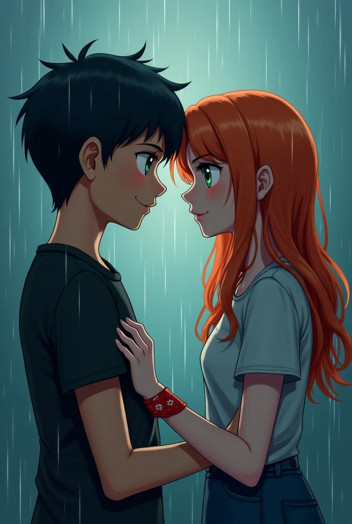 I created a pixel art of a redheaded girl, short, thick-legged in a dark room, with fireflies outside and a boy with scars on his face and black hair and tired eyes and make them almost kiss. make them older