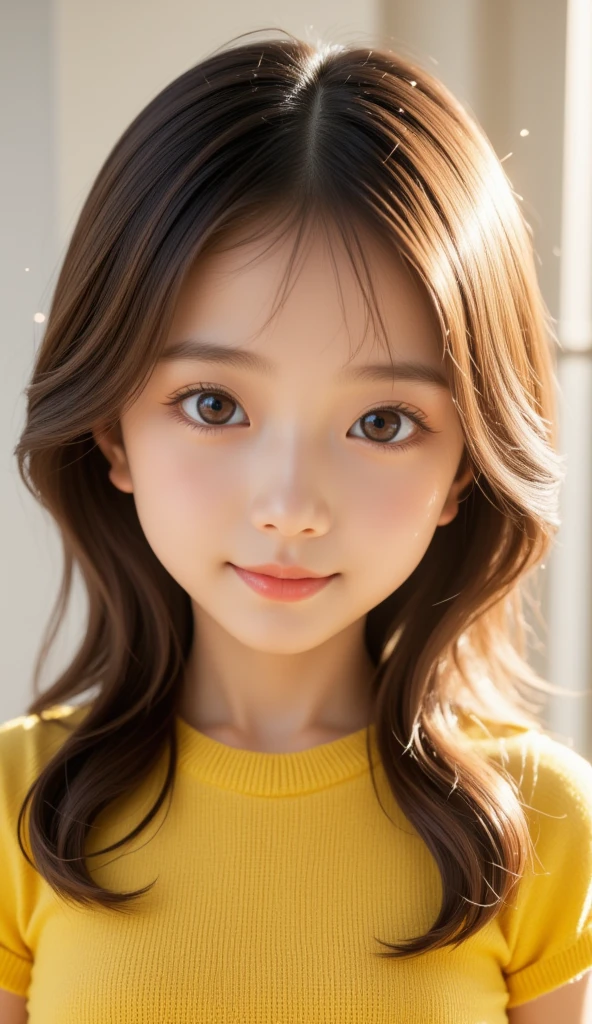 ( Very Pretty Cute Girl ), Standing front、Symmetrical、 long hair、smile、( very cute face:1.2),12, ( Sparkling Crystal Clear Attractive Big Eyes ),  beautiful eyes in every detail  ,  double eyelids with attention to detail, (smile), ( Realistic Pictures:1.2),yellow short sleeve knit、 miniskirt 、 costume, Costume lighting, monotone background