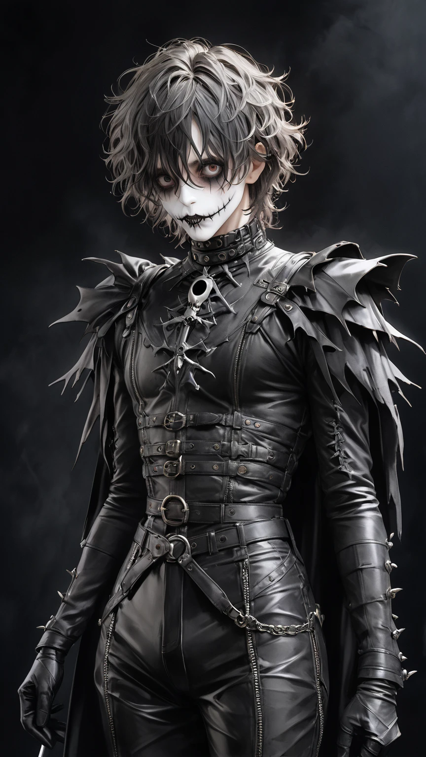 high res , masterpiece, Accurate,  top quality,  high res model,  high detail, Anatomically Accurate, Norman Rockwell & Tim Burton styl、Watercolor touch、 Edward Scissorhands、black leather costume、male、Alone,  dark background 、 fantasy、 horror、 darkness、Gothic、Two men and two women、