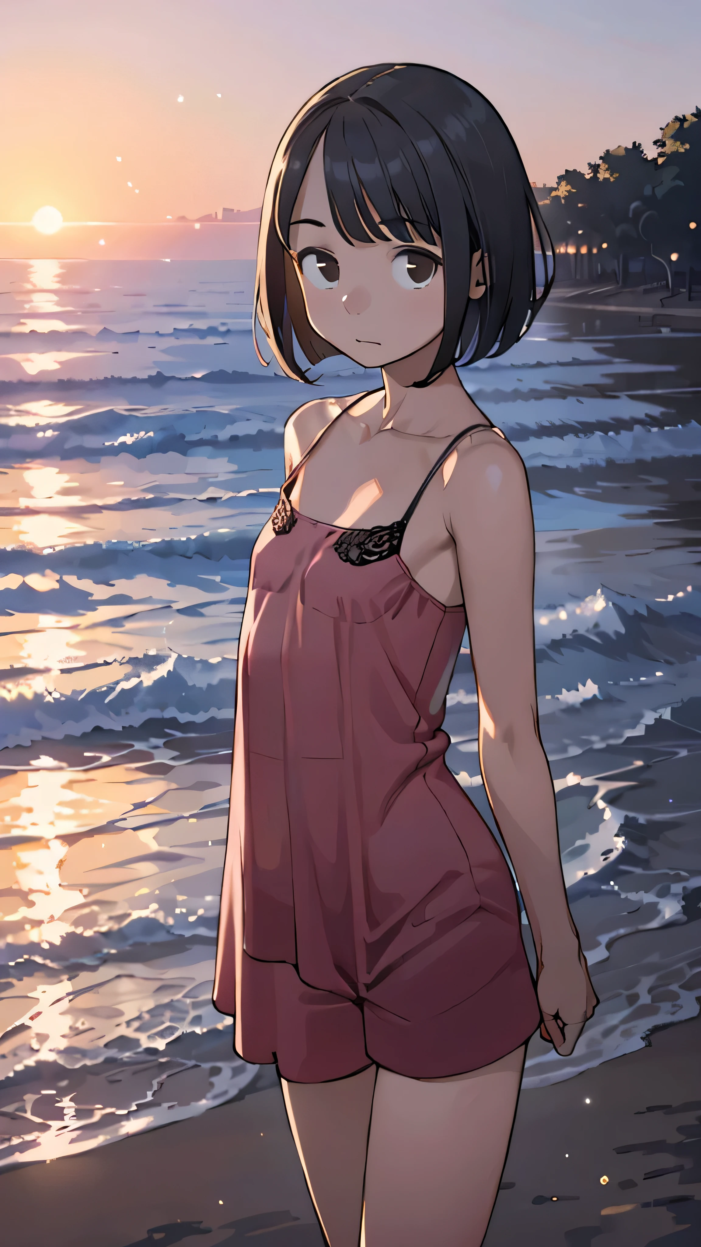 one girl, (12years old:1.4),(Very Young Face),(Japanese famous idol), cute face, ash gray hair:1.5, bob hair, short hair, camera's line of sight, small breasts, An ennui look, (((camisole, dress))) , particles of light, sea of ​​sunset, calm sea, white sand beach, very beautiful sunset, RAW photo, highest quality, High resolution, High resolution, masterpiece:1.3, 8k, 12k, professional photographer,((Extremely precise and accurate anatomy:1.0)),Kind eyes,Graceful pose,(Beauty of form:1.4) Golden ratio, big eye,(nature's providence:1.4),