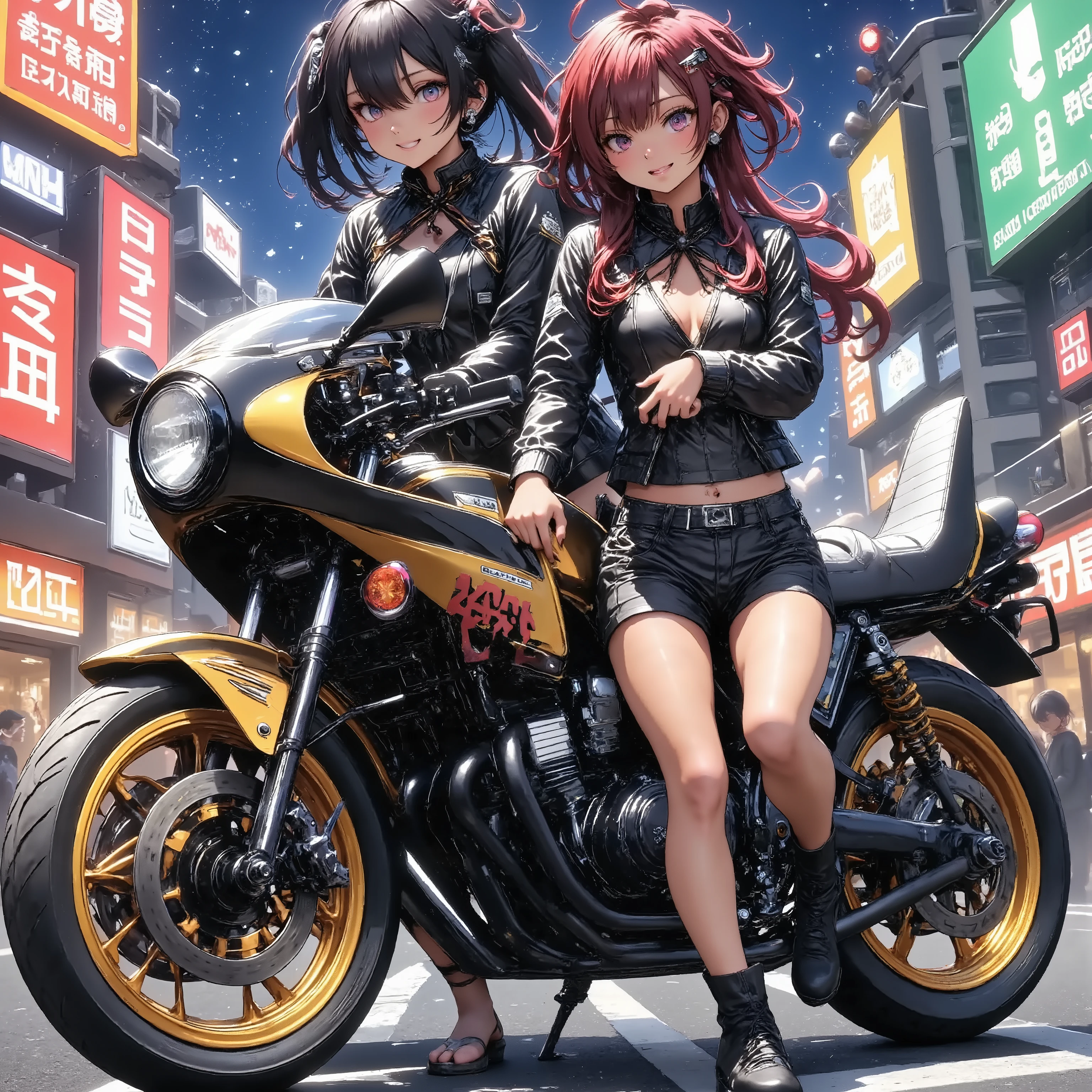 A girl standing next to a motorcycle　+夜のネオン街 