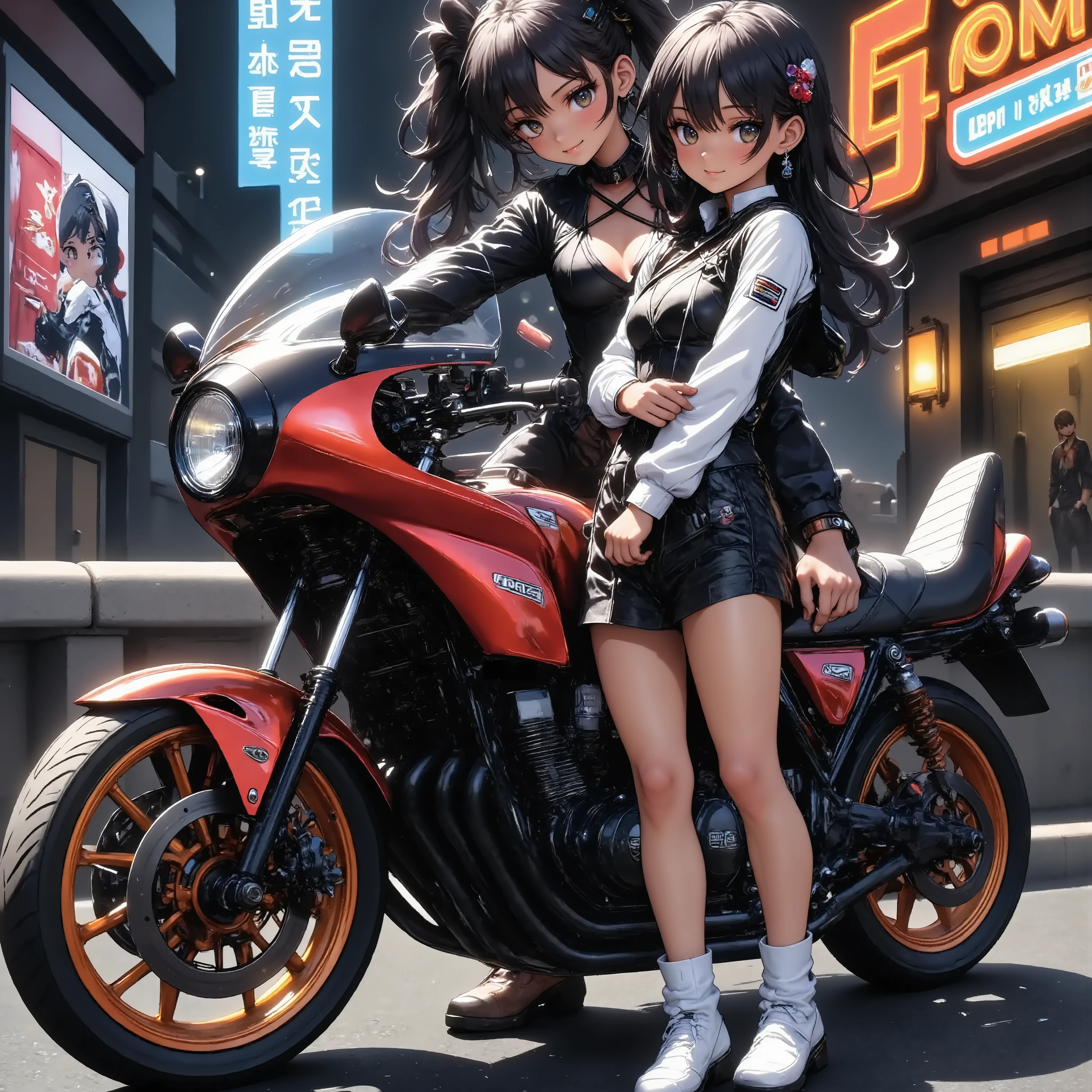 A girl standing next to a motorcycle　+夜のネオン街 