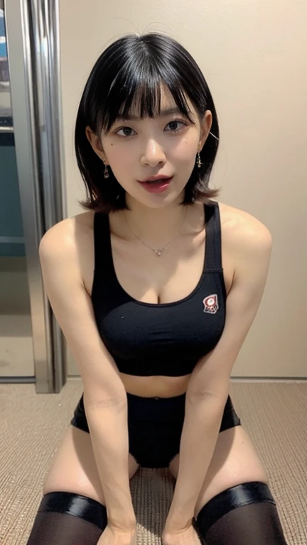 image of a beautiful Asian young woman name Sylvie,((Best quality, 8K, Masterpiece,realistic,photorealistic: 1.3)), (ideal ratio body proportions:1.5),(Sharp: 1.2),( Perfect athletic body beauty:1.4), handsome, tomboy girl,short stylist densed black hair,(detailed croptop shirt and short:1.3), light smile, detailed face and skin,inside a gym,( sweat:1.2),sexy,(medium big breast:1.3),cowboy shot, (detailed facial description), (detailed hand description), extreme light and shadow, ponytail hair, master's work, rich details