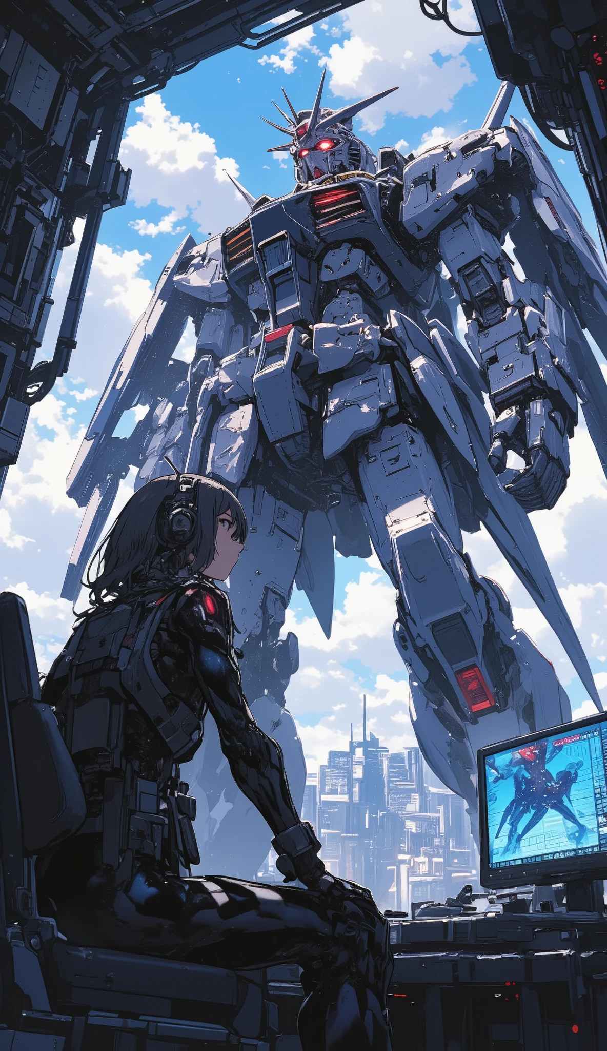  One Japanese high school girl is piloting in the cockpit of a giant robot、Gundam type 、 pilot suit、The enemy robot is visible on the cockpit monitor 
