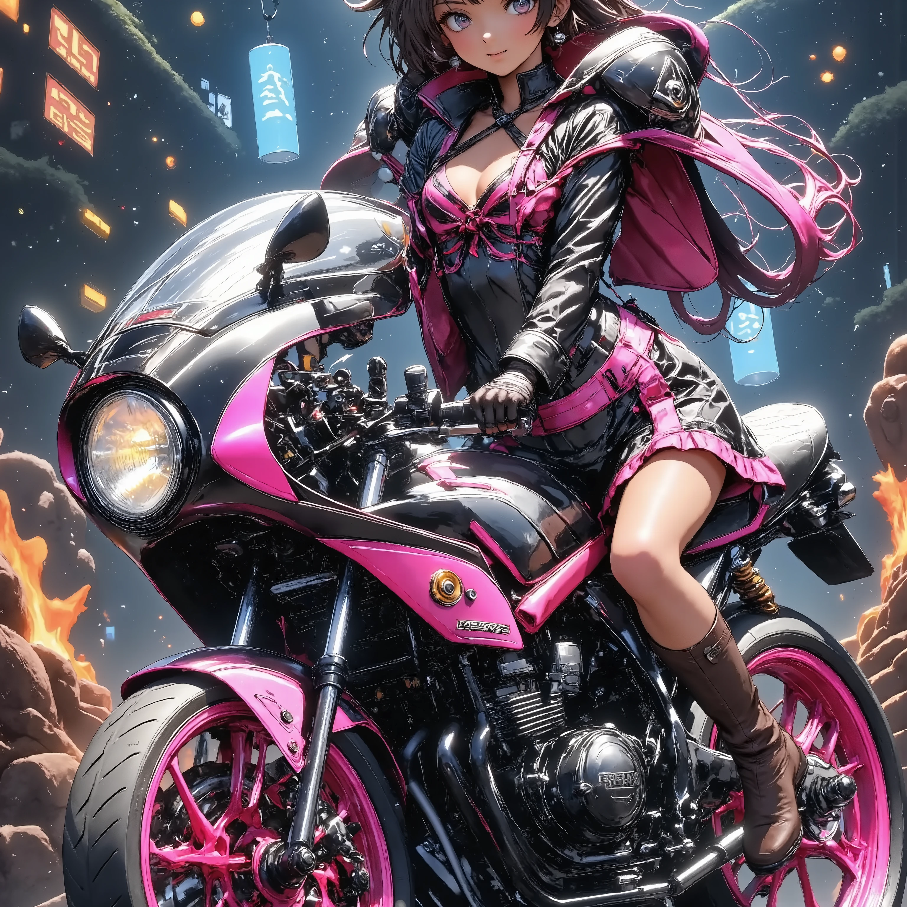 A girl standing next to a motorcycle　+夜のネオン街 