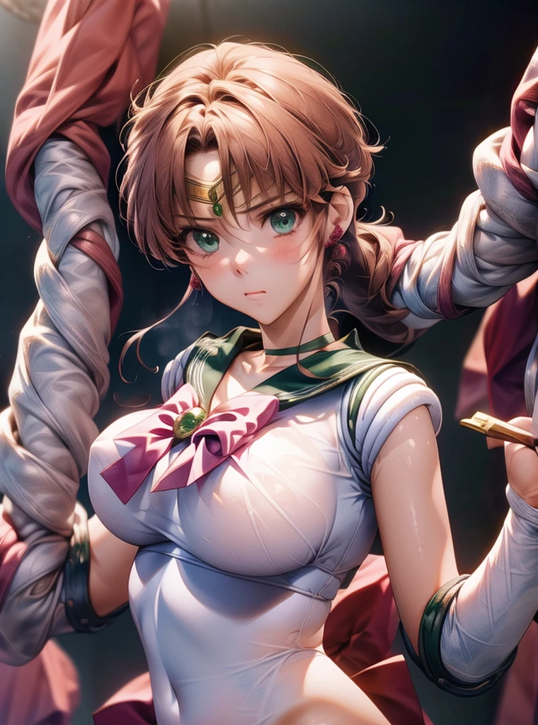 masterpiece、 highest image quality taken by Ki、8k、Noise Reduction、 Sailor Jupiter、 beautiful body、Big Breasts、Completely naked、scream、 tentacles wrap around her limbs、Violent by tentacles 、 sexy look on both shoulders,Tentacles stroke her chest ,