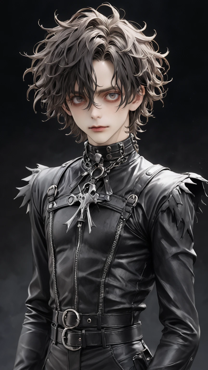 high res , masterpiece, Accurate,  top quality,  high res model,  high detail, Anatomically Accurate, Norman Rockwell & Tim Burton styl、Watercolor touch、 Edward Scissorhands、black leather costume、male、solo,  dark background 、ファンタジー、ホラー、ダークネス、ゴシック調、