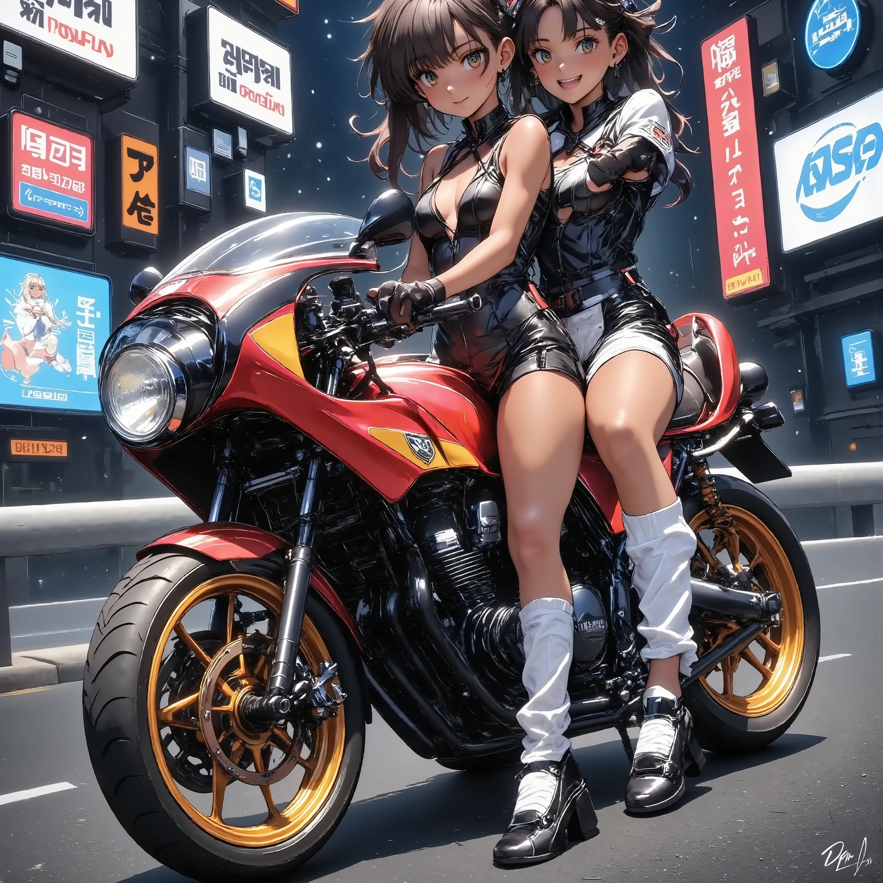 A girl standing next to a motorcycle　+夜のネオン街 