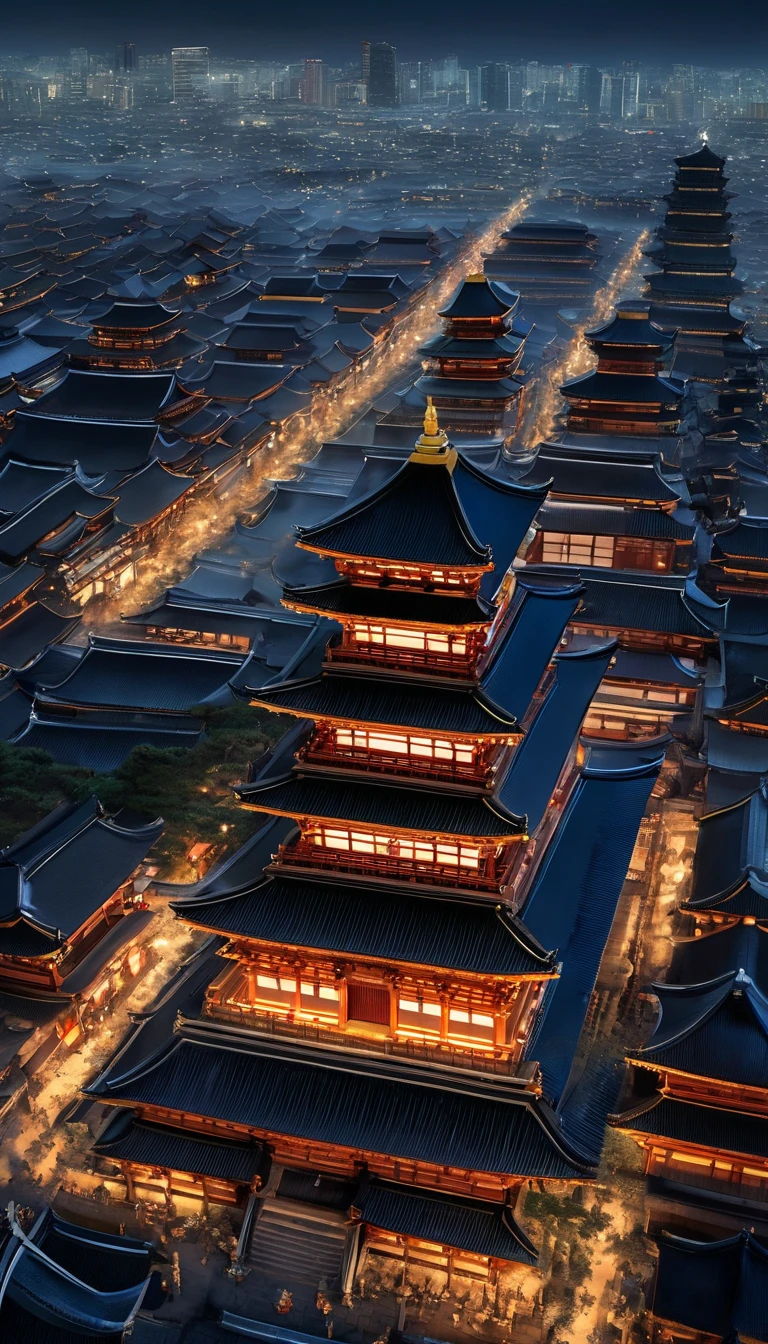  Vanishing Points , the above,  panorama,  Ultra Wide Angle Lens ,  Satellite image, (( top view )),  Mirror Rendering  , Masterpiece,  High Quality , Vast Temple 、 Samurai Army Surrounding the Temple、night