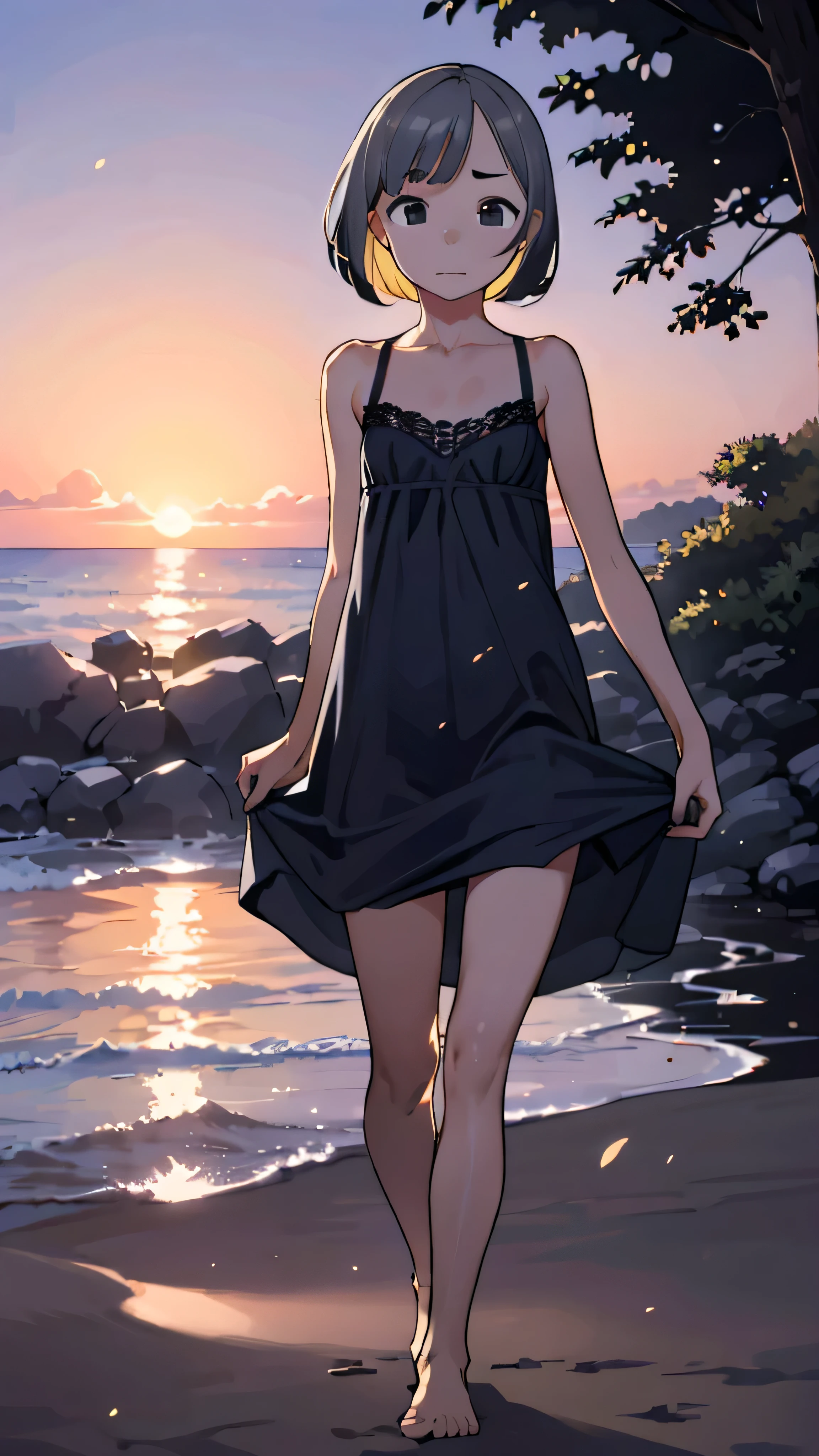 one girl, (12years old:1.4),(Very Young Face),(Japanese famous idol), cute face, ash gray hair:1.5, bob hair, short hair, camera's line of sight, small breasts, An ennui look, (((camisole, dress))) , particles of light, sea of ​​sunset, calm sea, white sand beach, very beautiful sunset, RAW photo, highest quality, High resolution, High resolution, masterpiece:1.3, 8k, 12k, professional photographer,((Extremely precise and accurate anatomy:1.0)),Kind eyes,Graceful pose,(Beauty of form:1.4) Golden ratio, big eye,(nature's providence:1.4),